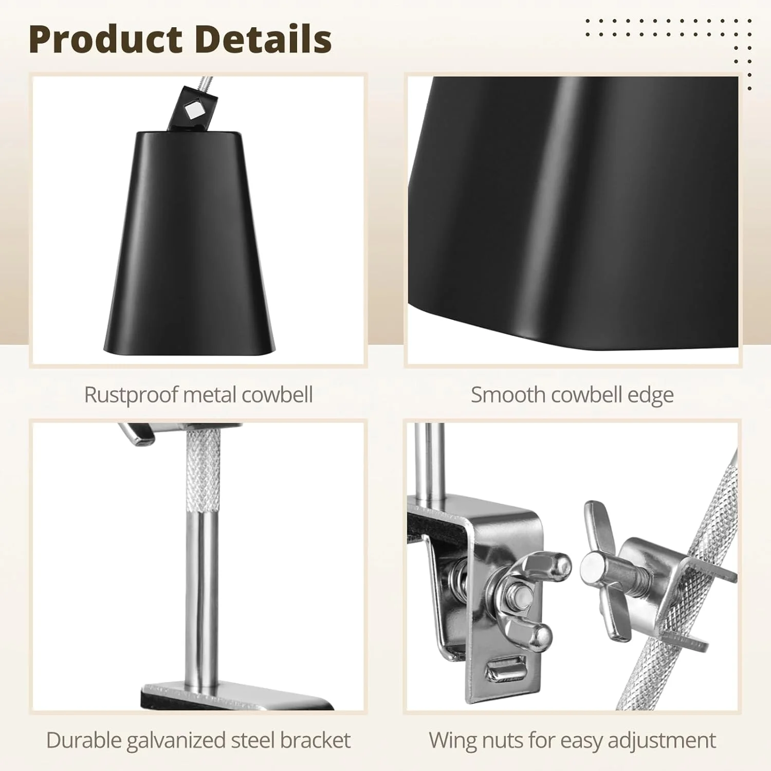 زنگوله فلزی 6 اینچی به همراه چوب درام و براکت نصب قابل تنظیم، نویز ساز به همراه گیره زنگوله برای درام ست زنگوله فلزی 6 اینچی به همراه چوب درام و براکت نصب قابل تنظیم، نویز ساز به همراه گیره زنگوله برای درام ست