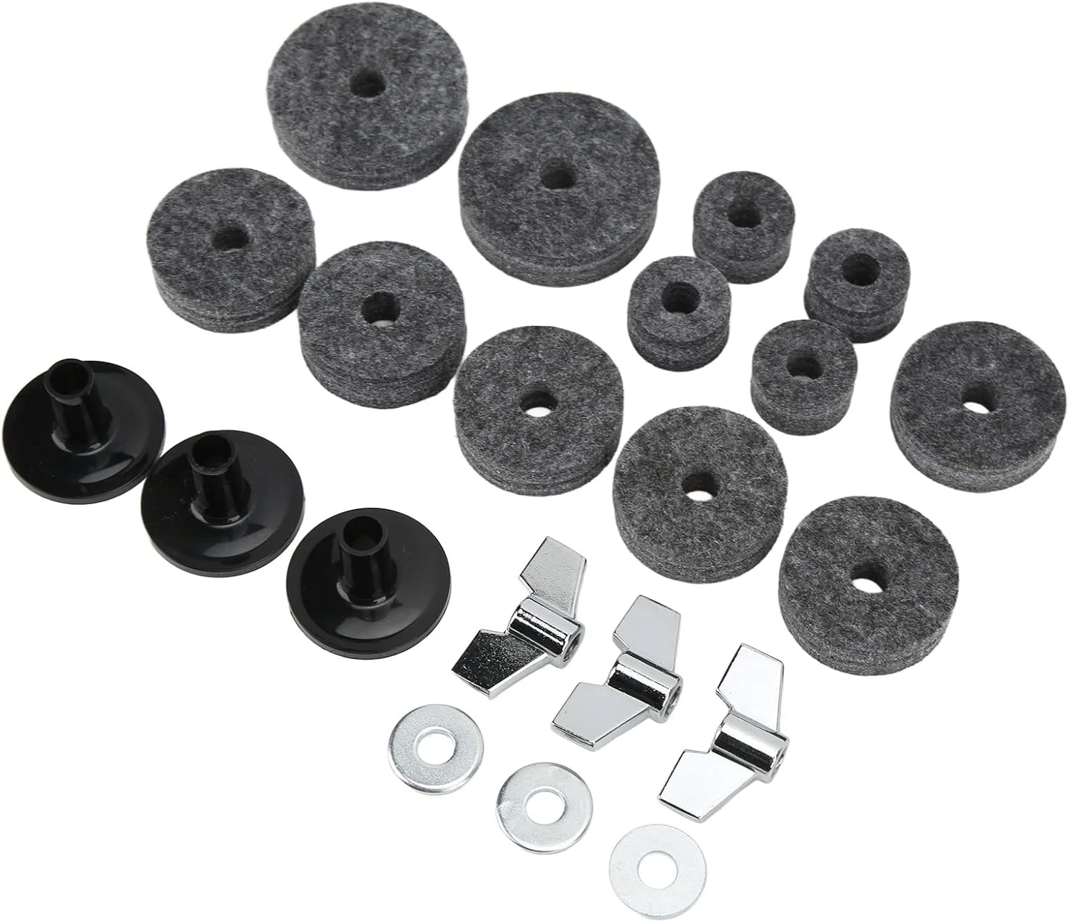 ست جایگزینی سنج 21 تکه CHICIRIS با پدهای نمدی و آستین، مجموعه سخت افزاری درام سایز استاندارد، قطعات فلزی و پلاستیکی، مهره های بالدار و واشر برای نوازندگان (خاکستری)