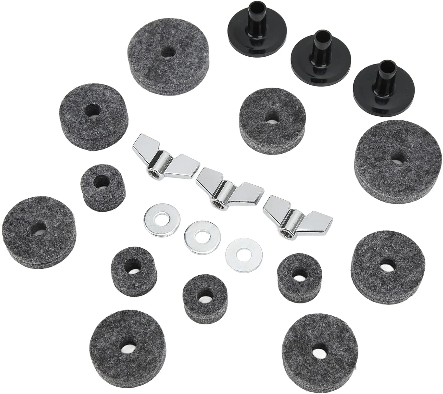 ست جایگزینی سنج 21 تکه CHICIRIS با پدهای نمدی و آستین، مجموعه سخت افزاری درام سایز استاندارد، قطعات فلزی و پلاستیکی، مهره های بالدار و واشر برای نوازندگان (خاکستری)