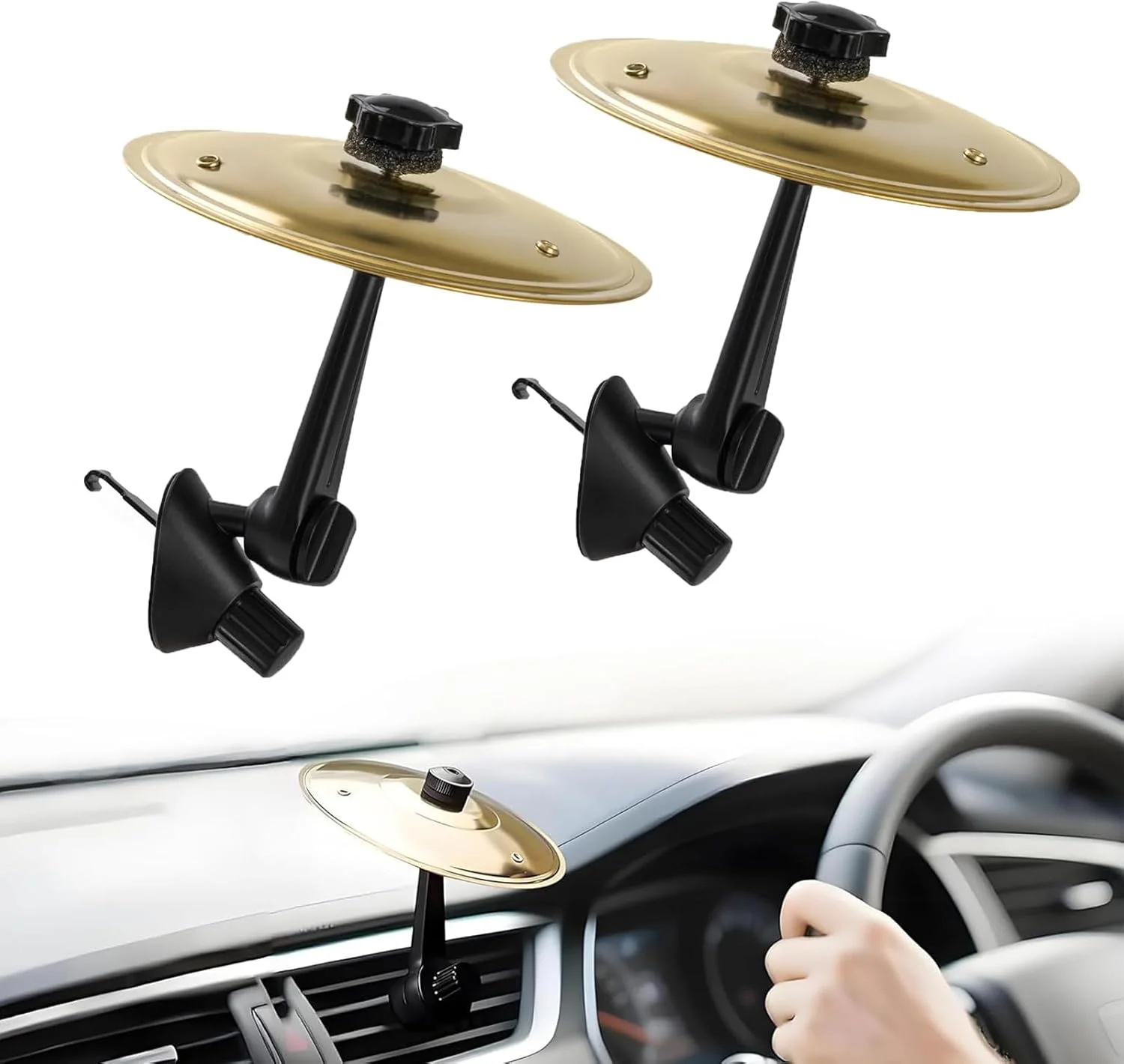 ۲ عدد سنج درام کوچک خودرو، دریچه هوا، لوازم جانبی موسیقی جمع و جور و بادوام برای خودرو، سنج گیره ای آسان برای دریچه خودرو، ابزار موسیقی خنده دار برای رانندگان و دوستداران موسیقی