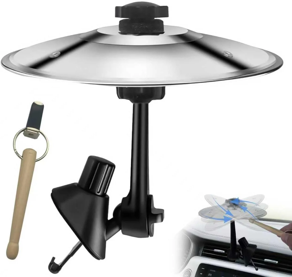 سنج ماشین، سنج تصادف ماشین، سنج درام مینیاتوری گیره دار - لوازم جانبی موسیقی خنده دار داشبورد برای دوستداران موسیقی، به همراه چوب درام فشرده، نقره ای