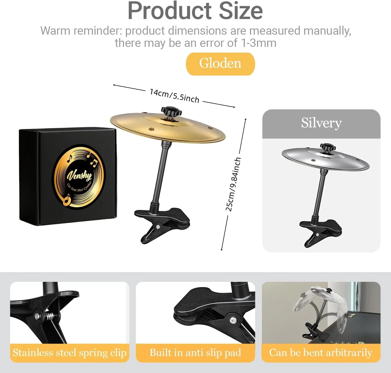 سنج با گیره - ساز کوبه ای رومیزی قابل حمل برای سرگرمی و کاهش استرس، جلسات بداهه نوازی، بازی در دفتر و خانه، سازهای موسیقی خنده دار هدیه برای دوستداران موسیقی درامر (طلایی، 2 عدد)