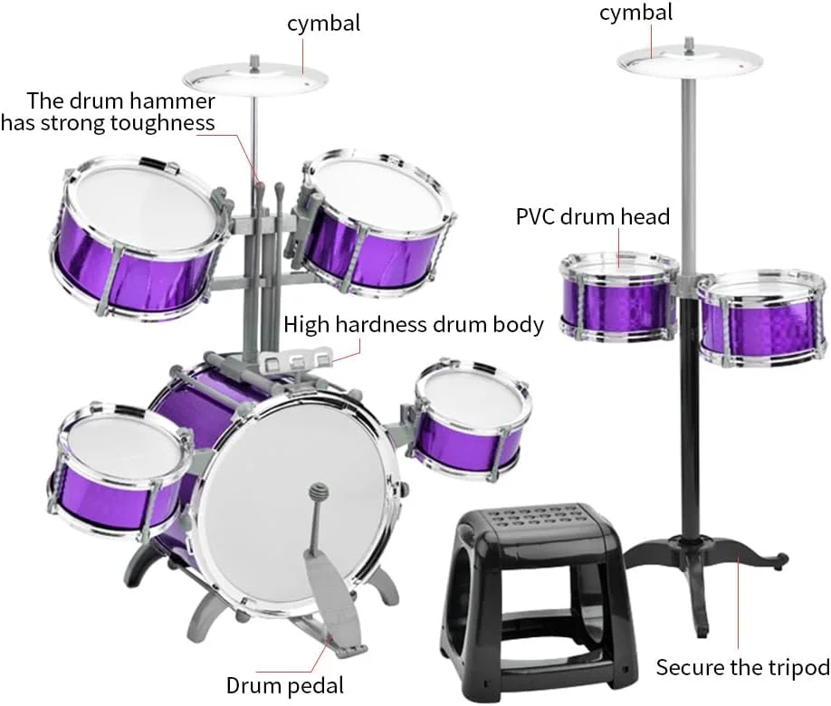 ست درام Btuty، کیت درام جاز با صندلی، 7 درام، سازهای کوبه ای موسیقی برای مبتدیان، هدیه تعطیلات، پوسته درام PVC ضخیم شده، نصب آسان