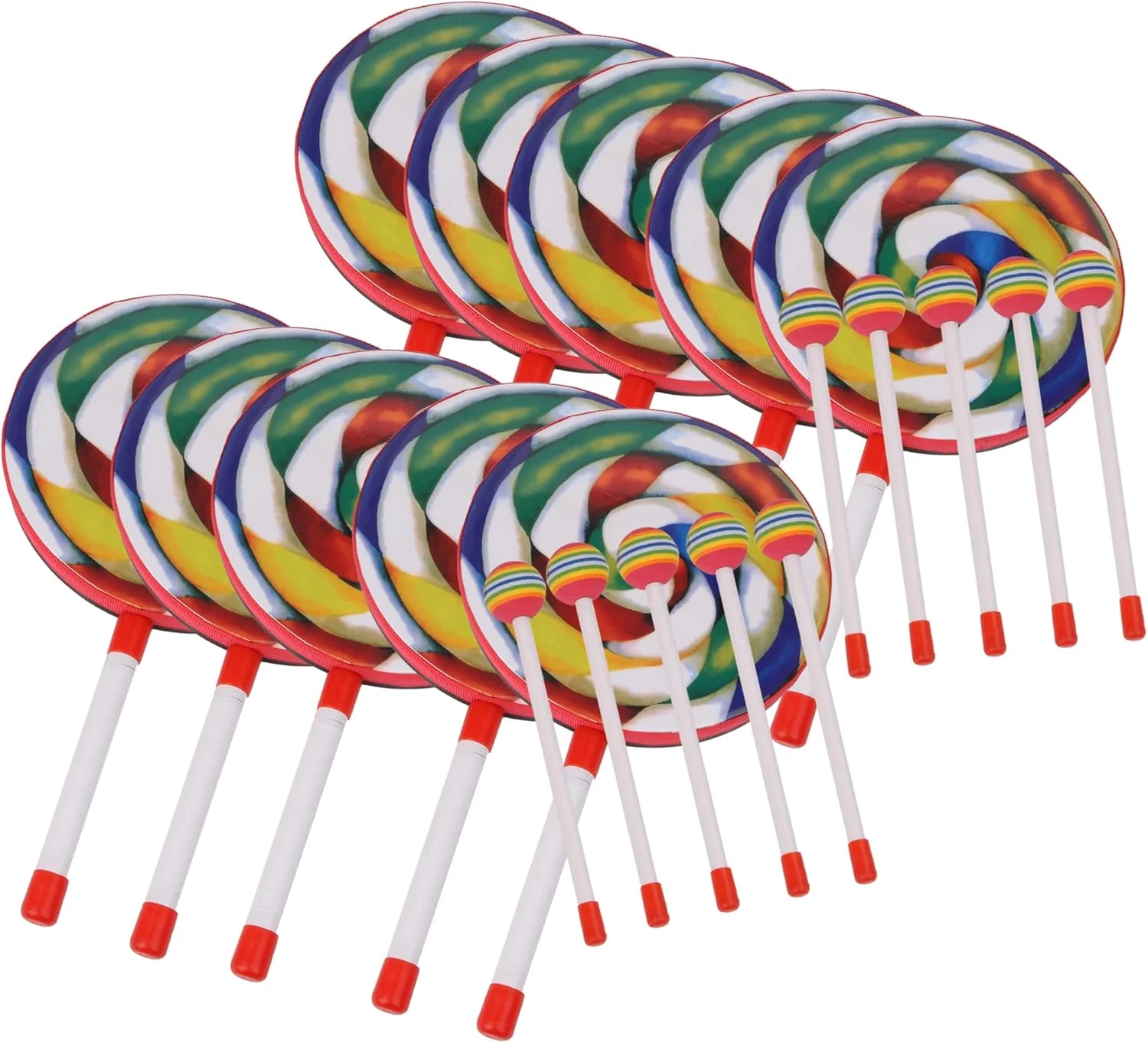 طبل دستی پلاستیکی BQLZR با چکش رنگارنگ، ابزار موسیقی 20x36.2 سانتی‌متر - بسته 10 عددی