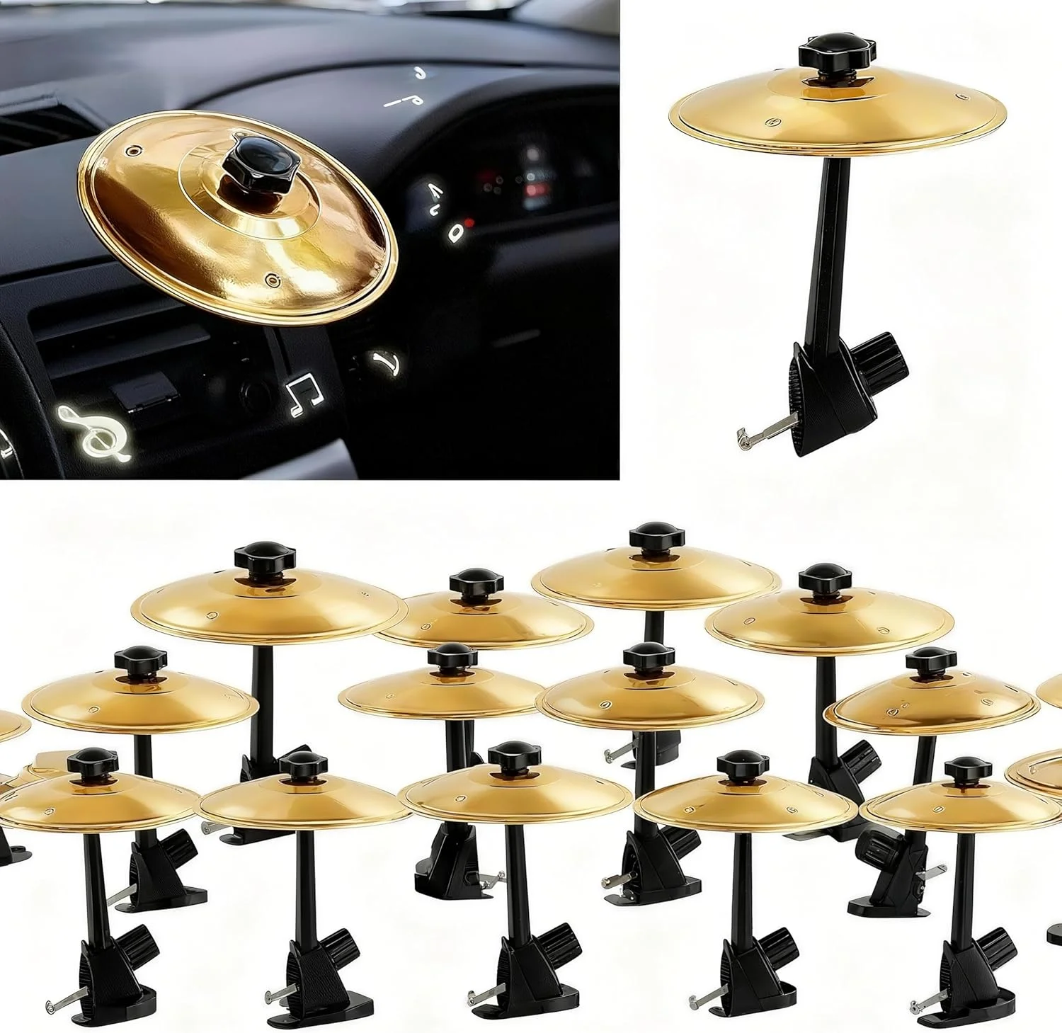 سنج هواکش خودرو، طلایی 2 عددی - درام کوچک گیره دار آسان برای دوستداران موسیقی، رانندگی را با صدای فلزی واضح سرگرم کننده کنید، مناسب برای اکثر وسایل نقلیه، ساختار فلزی بادوام