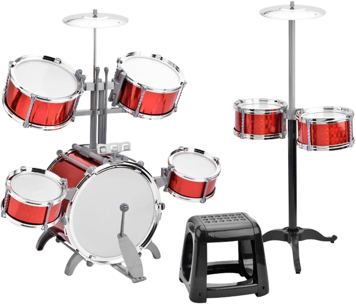 ست درام جاز با ۷ درام و صندلی برای مبتدیان، ساخته شده از مواد ضخیم، دارای صفحه درام تقویت شده، ایجاد علاقه موسیقیایی، ایده آل، مونتاژ آسان (قرمز)