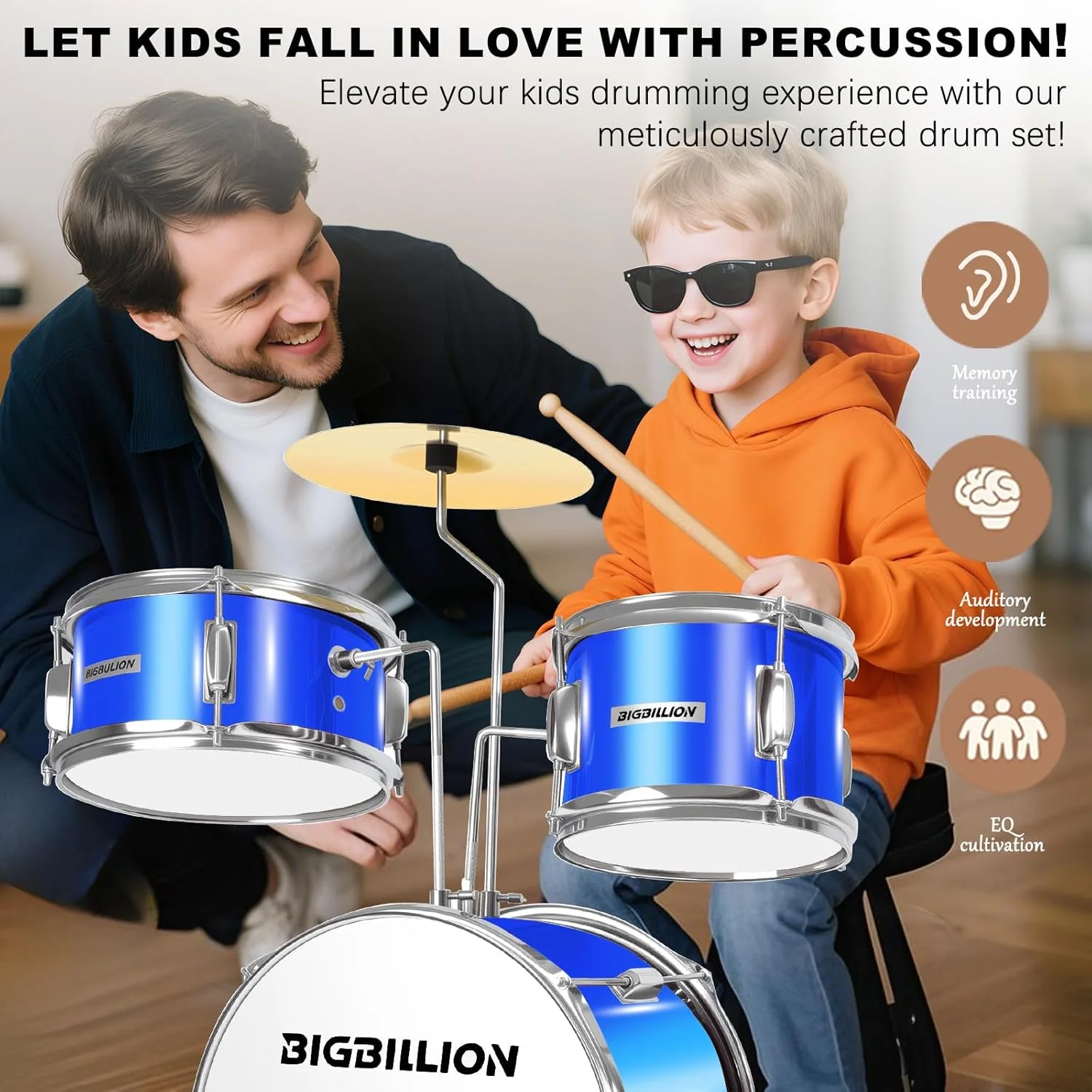 ست درام کودکانه، ست درام مبتدی 3 تکه 14 اینچی با طبل باس، تام، اسنر، صندلی قابل تنظیم، سنج، پدال و چوب درام (آبی)