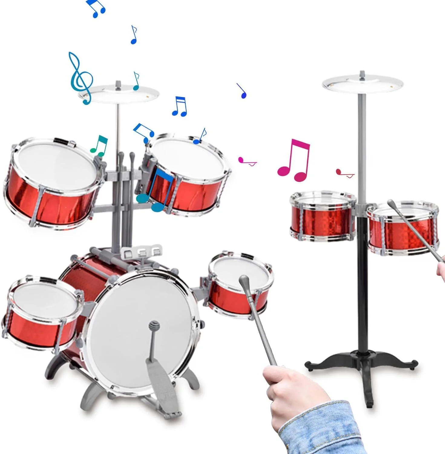 ست درام جاز با ۷ درام و صندلی برای مبتدیان، ساخته شده از مواد ضخیم، دارای صفحه درام تقویت شده، ایجاد علاقه موسیقیایی، ایده آل، مونتاژ آسان (قرمز)