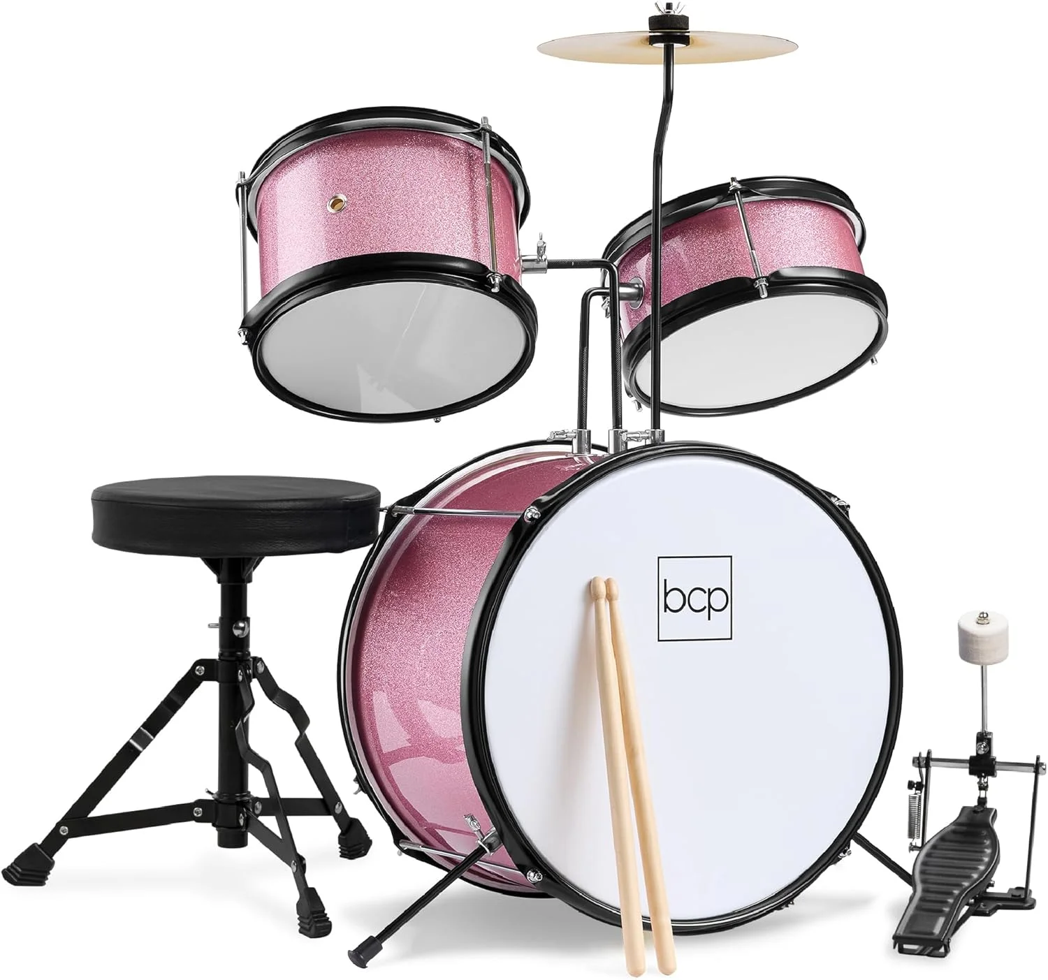 Best Choice Products 3-Piece Beginner Drum Set for Kids Juniors, w/Throne Stool, Cymbal, Drum Sticks, Bass Drum Pedal, 2 Toms - Pink Sparkle