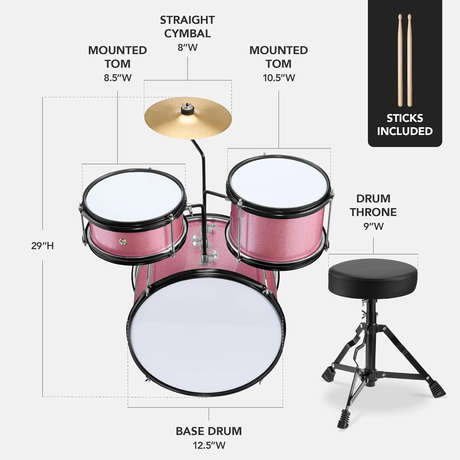 Best Choice Products 3-Piece Beginner Drum Set for Kids Juniors, w/Throne Stool, Cymbal, Drum Sticks, Bass Drum Pedal, 2 Toms - Pink Sparkle