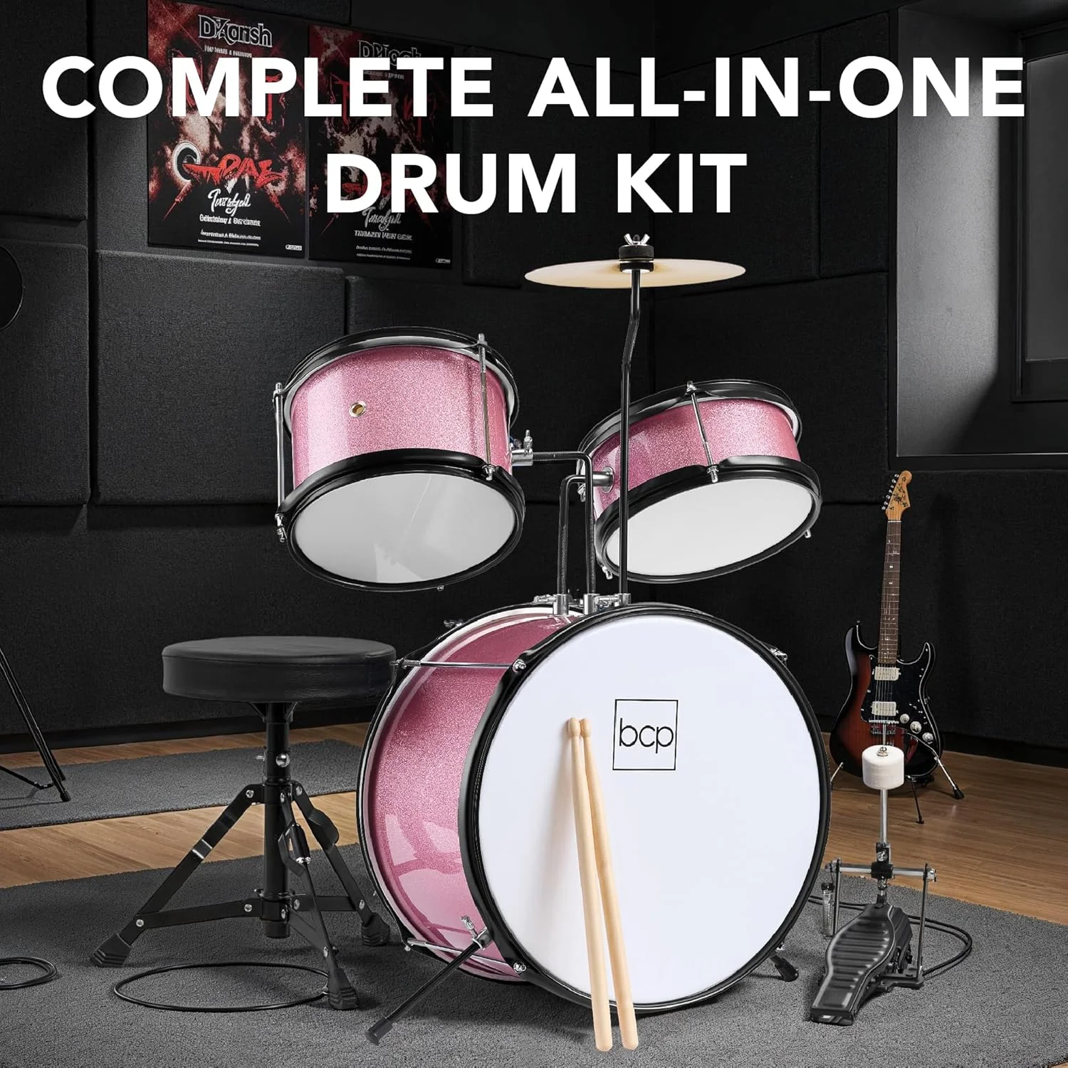 Best Choice Products 3-Piece Beginner Drum Set for Kids Juniors, w/Throne Stool, Cymbal, Drum Sticks, Bass Drum Pedal, 2 Toms - Pink Sparkle