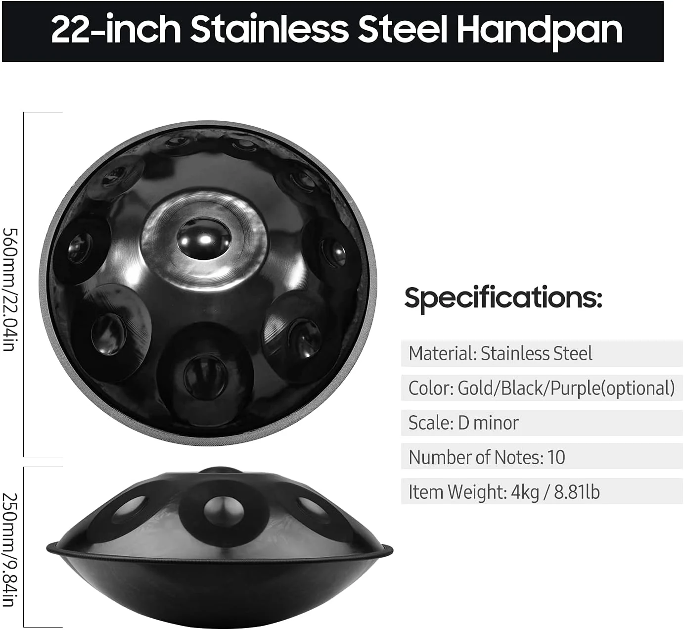 ساز کوبه ای، درام هندپن 10 نت D مینور 22 اینچی از جنس استیل ضد زنگ به همراه چکش، پایه و کیف حمل برای نوازندگان مبتدی و حرفه ای