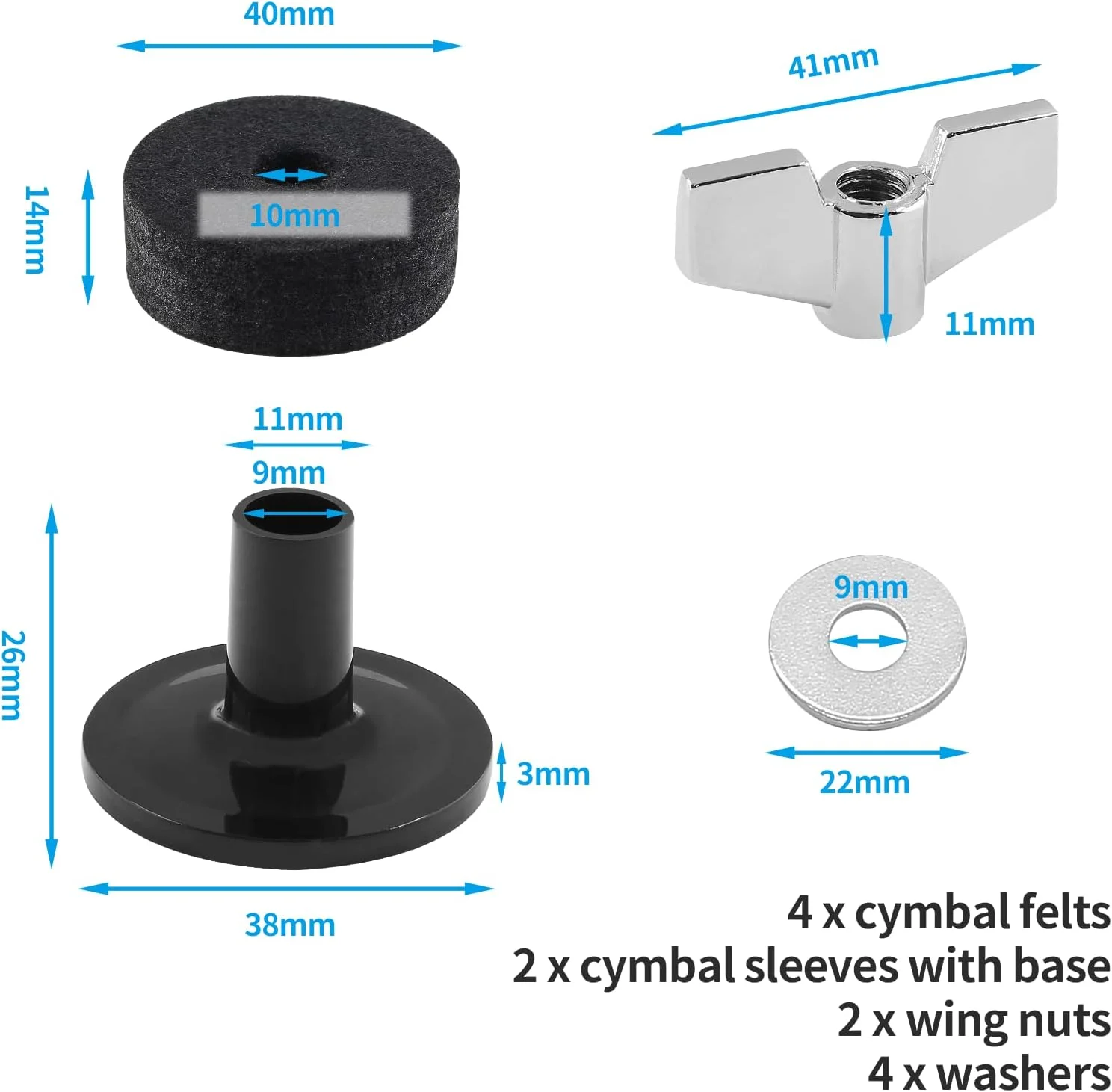 بسته 12 عددی لوازم جانبی جایگزین سنج، نمد سنج، کاپ سنج، آستین پایه سنج به همراه واشر سنج و پایه، مهره های بالدار جایگزین برای درام (مشکی)