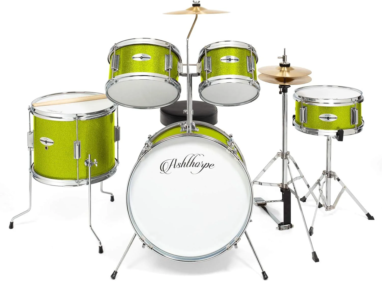 ست درام 5 تکه کامل جونیور Ashthorpe با سنج های برنجی اصل - کیت پیشرفته مبتدی با باس 16 اینچی، صندلی قابل تنظیم، سنج ها، Hi-Hat، پدال ها و چوب های درام - سبز