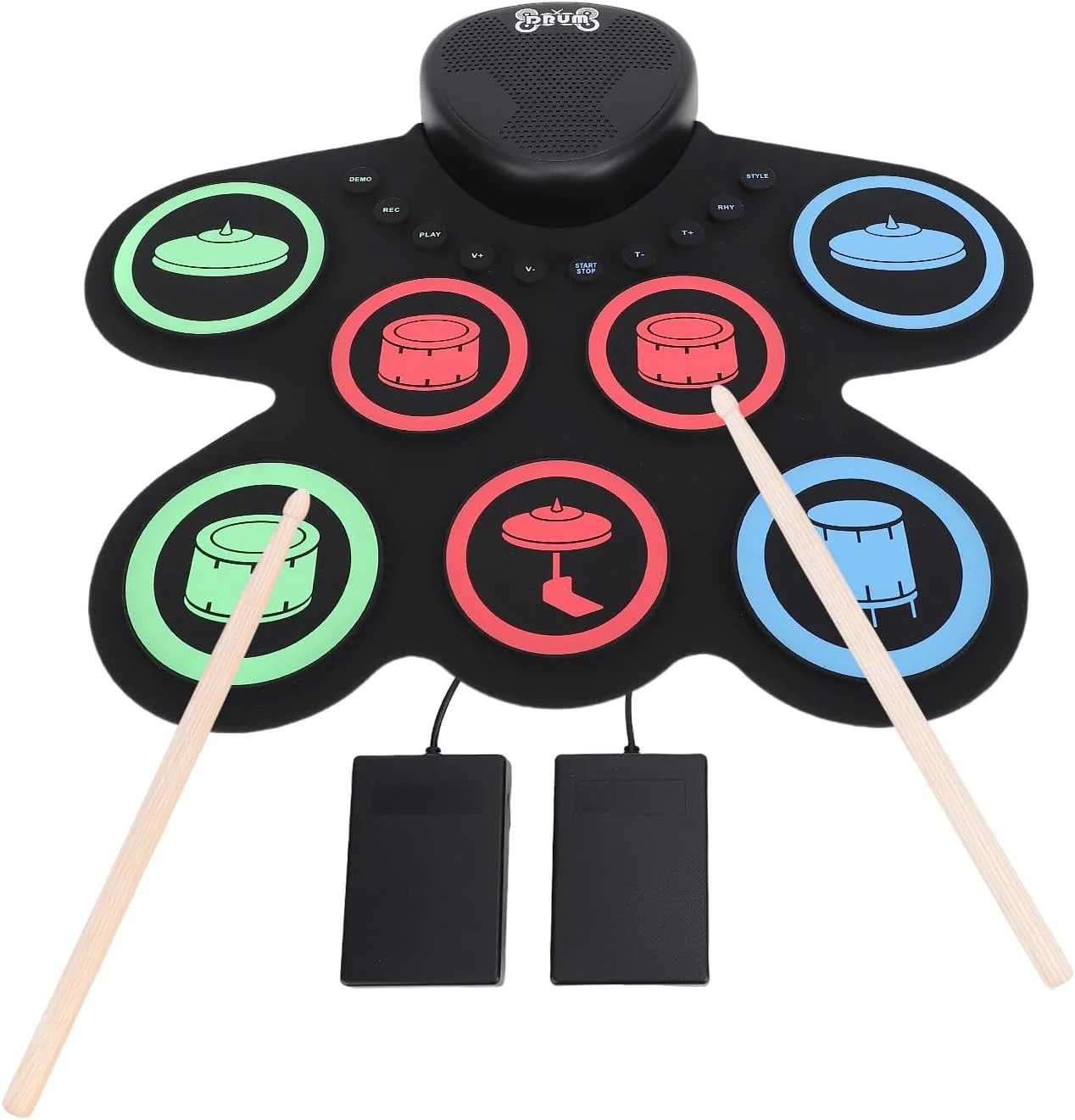 ست درام الکترونیکی 7 پدی Asixxsix، پد درام رولی شارژی با بلندگوهای دوتایی، کیت پد درام تمرینی سیلیکونی با چوب درام و پدال دوتایی پا برای کودکان، مبتدیان و بزرگسالان