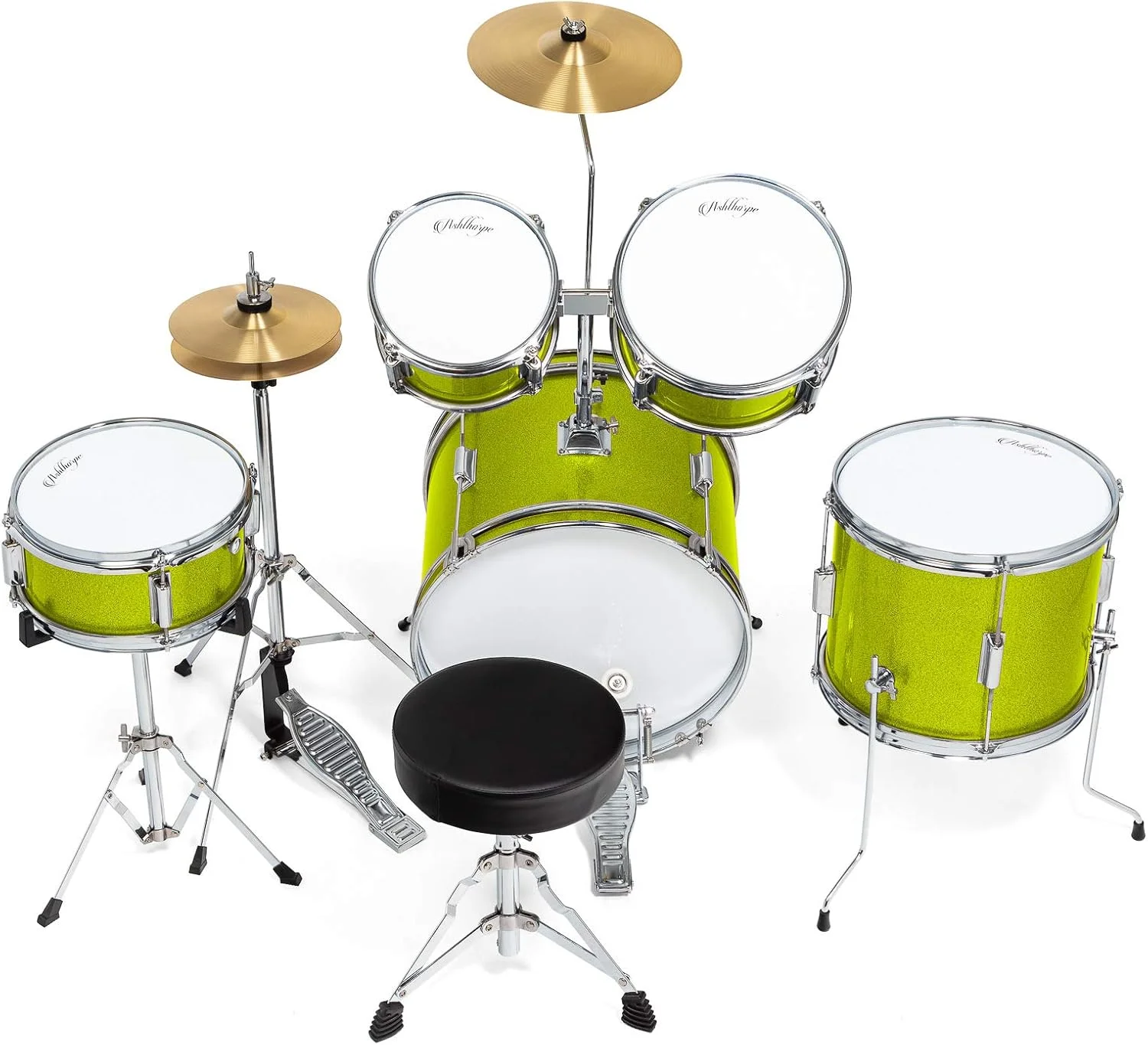 ست درام 5 تکه کامل جونیور Ashthorpe با سنج های برنجی اصل - کیت پیشرفته مبتدی با باس 16 اینچی، صندلی قابل تنظیم، سنج ها، Hi-Hat، پدال ها و چوب های درام - سبز