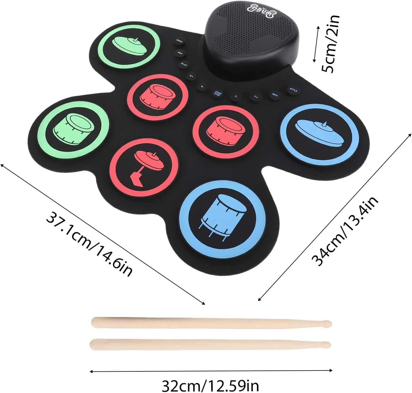 ست درام الکترونیکی 7 پدی Asixxsix، پد درام رولی شارژی با بلندگوهای دوتایی، کیت پد درام تمرینی سیلیکونی با چوب درام و پدال دوتایی پا برای کودکان، مبتدیان و بزرگسالان