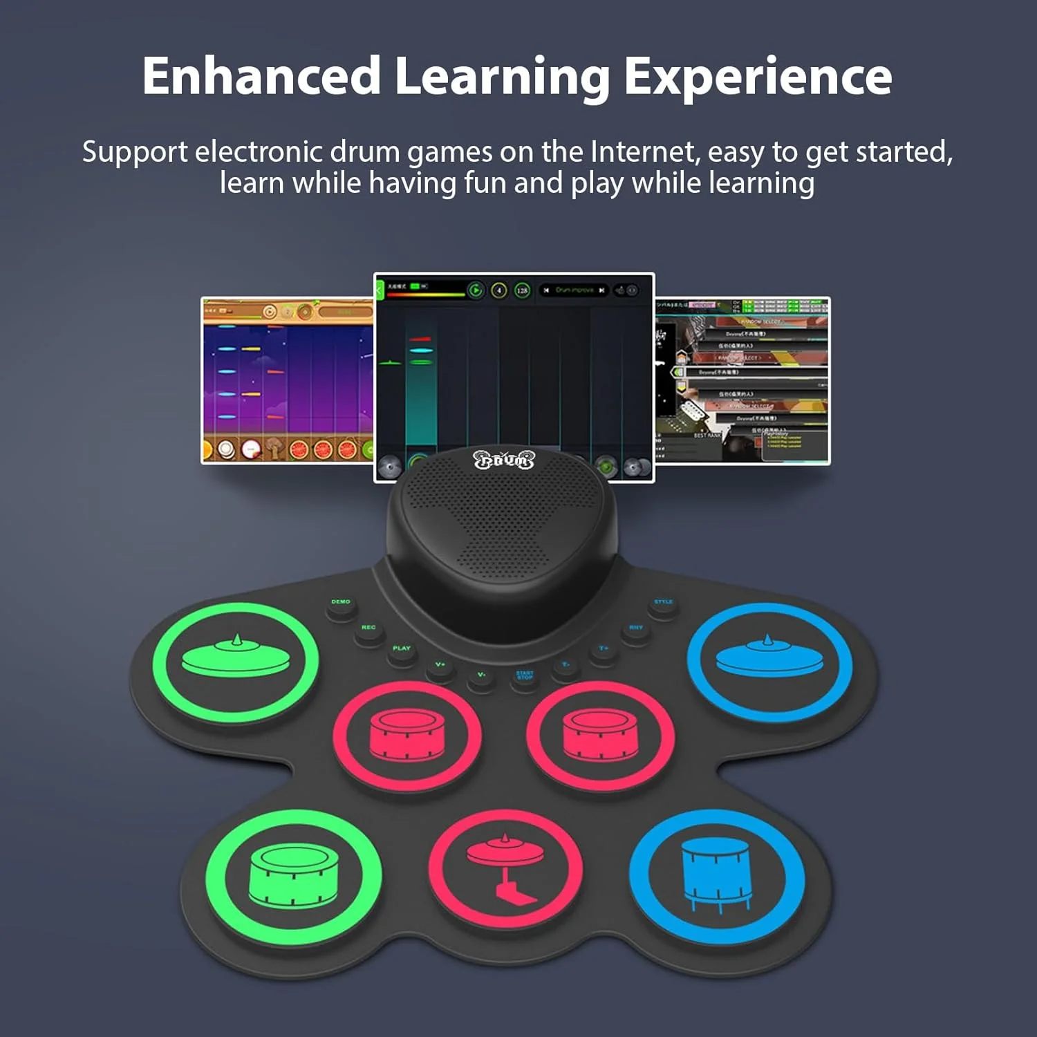 ست درام الکترونیکی 7 پدی Asixxsix، پد درام رولی شارژی با بلندگوهای دوتایی، کیت پد درام تمرینی سیلیکونی با چوب درام و پدال دوتایی پا برای کودکان، مبتدیان و بزرگسالان