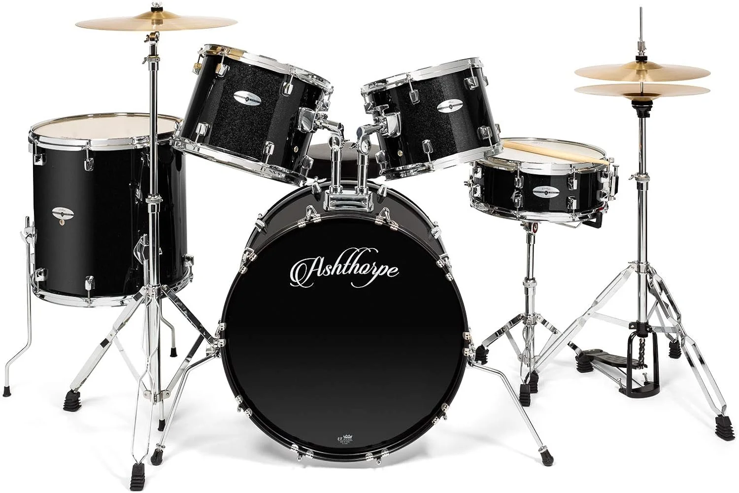 ست درام 5 تکه بزرگسال Ashthorpe با پوسته‌های Remo و سنج‌های برنجی ممتاز - کیت کامل پرکاشن حرفه‌ای با سخت‌افزار کرومی - مشکی