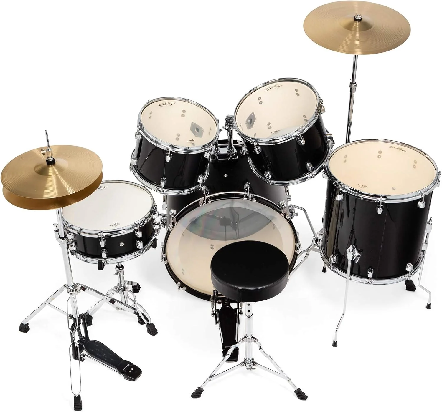 ست درام 5 تکه بزرگسال Ashthorpe با پوسته‌های Remo و سنج‌های برنجی ممتاز - کیت کامل پرکاشن حرفه‌ای با سخت‌افزار کرومی - مشکی