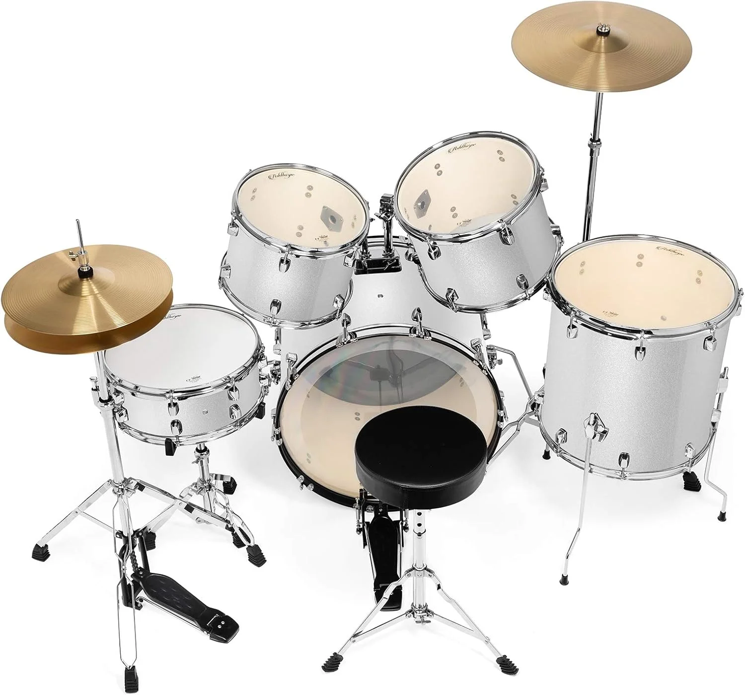 ست درام 5 تکه بزرگسال Ashthorpe با پوسته‌های Remo و سنج‌های برنجی ممتاز - کیت کامل پرکاشن حرفه‌ای با سخت‌افزار کرومی - نقره‌ای
