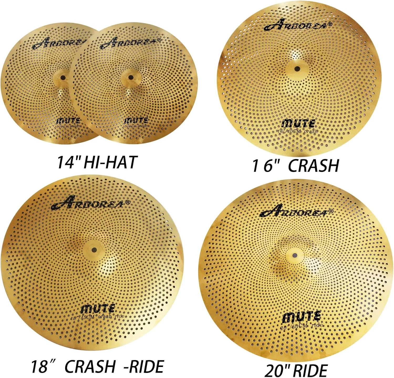 مجموعه سنج های کم صدا آربوریا - 14 اینچ Hi-hat، 16 اینچ Crash، 18 اینچ Crash، 20 اینچ Ride - مجموعه 5 عددی بی صدا با کیف برای تمرین درام (طلایی)