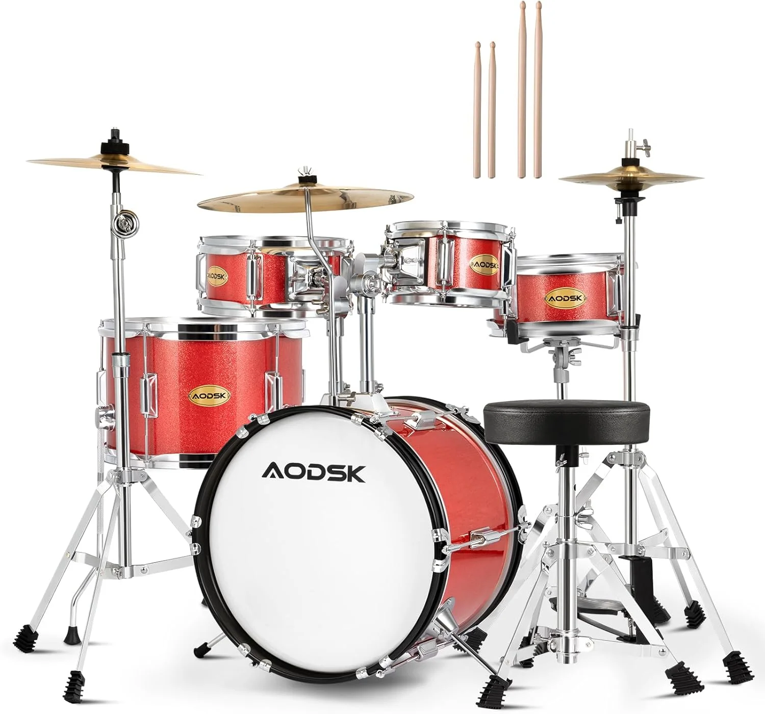 ست درام کودک AODSK، 5 تکه برای مبتدیان، ست کامل درام سایز کامل 14 اینچی با صندلی قابل تنظیم، سنج، های-هت، پدال و چوب درام