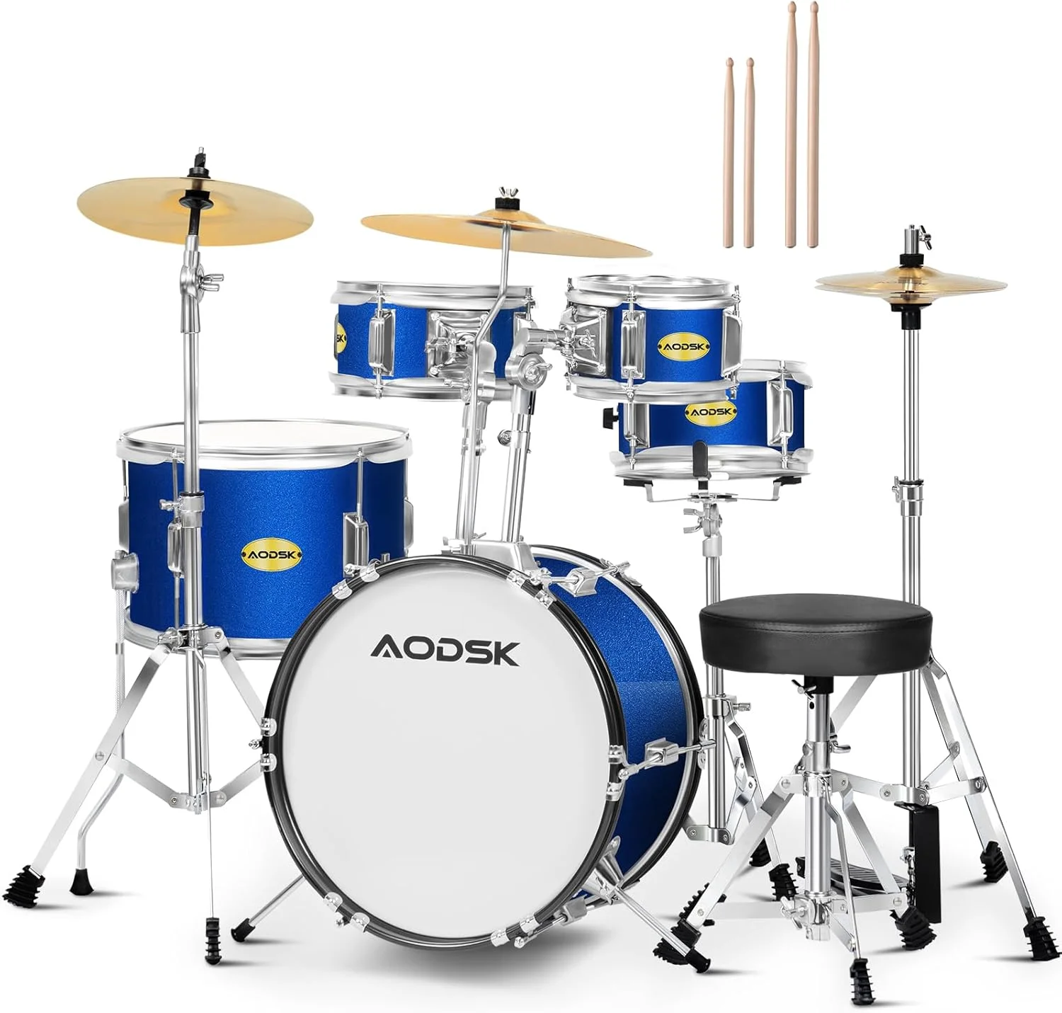 ست درام کودک AODSK، 5 تکه برای مبتدیان، ست کامل درام سایز بزرگ 14 اینچی با صندلی قابل تنظیم، سنج، Hi-Hat، پدال و چوب درام، مشکی