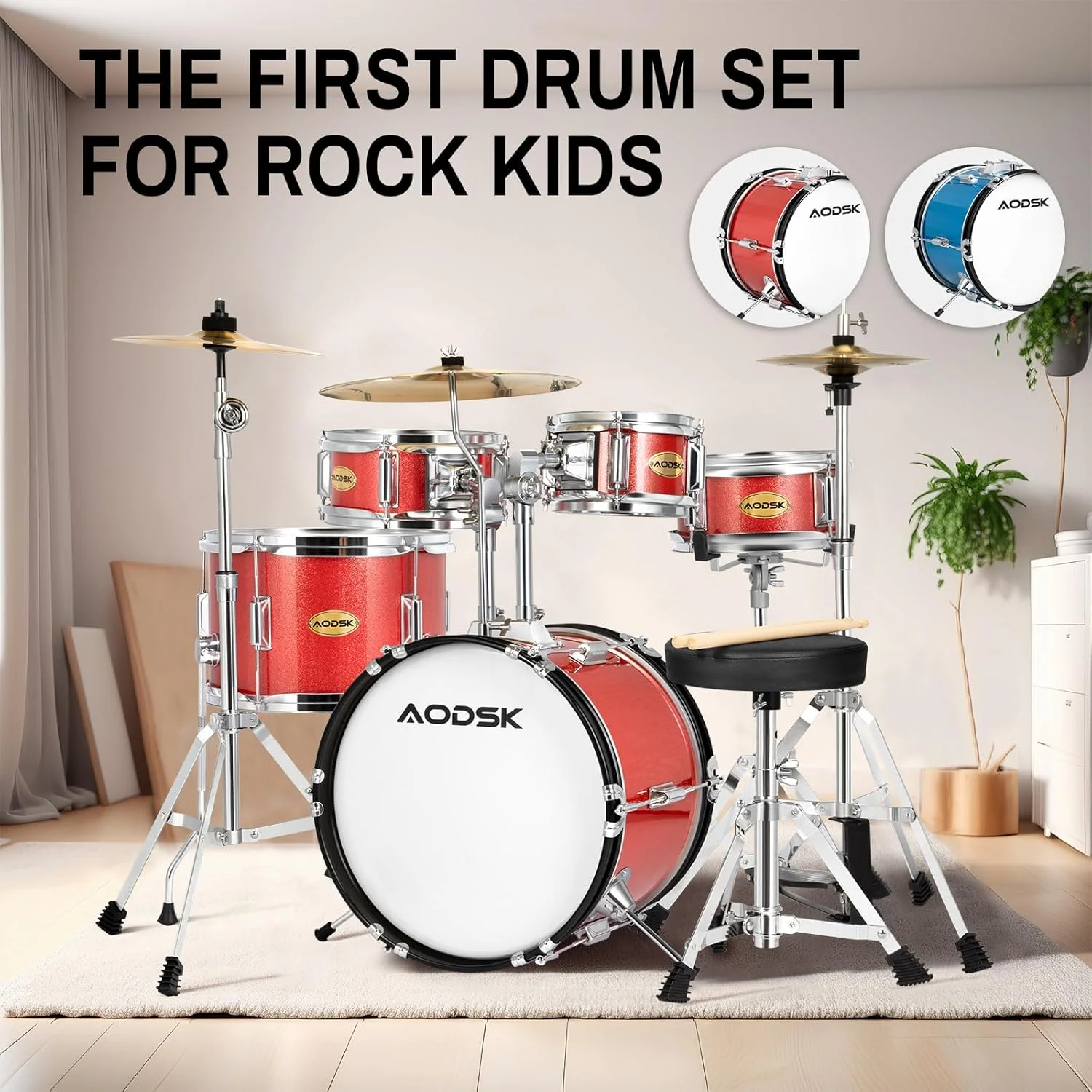 ست درام کودک AODSK، 5 تکه برای مبتدیان، ست کامل درام سایز کامل 14 اینچی با صندلی قابل تنظیم، سنج، های-هت، پدال و چوب درام