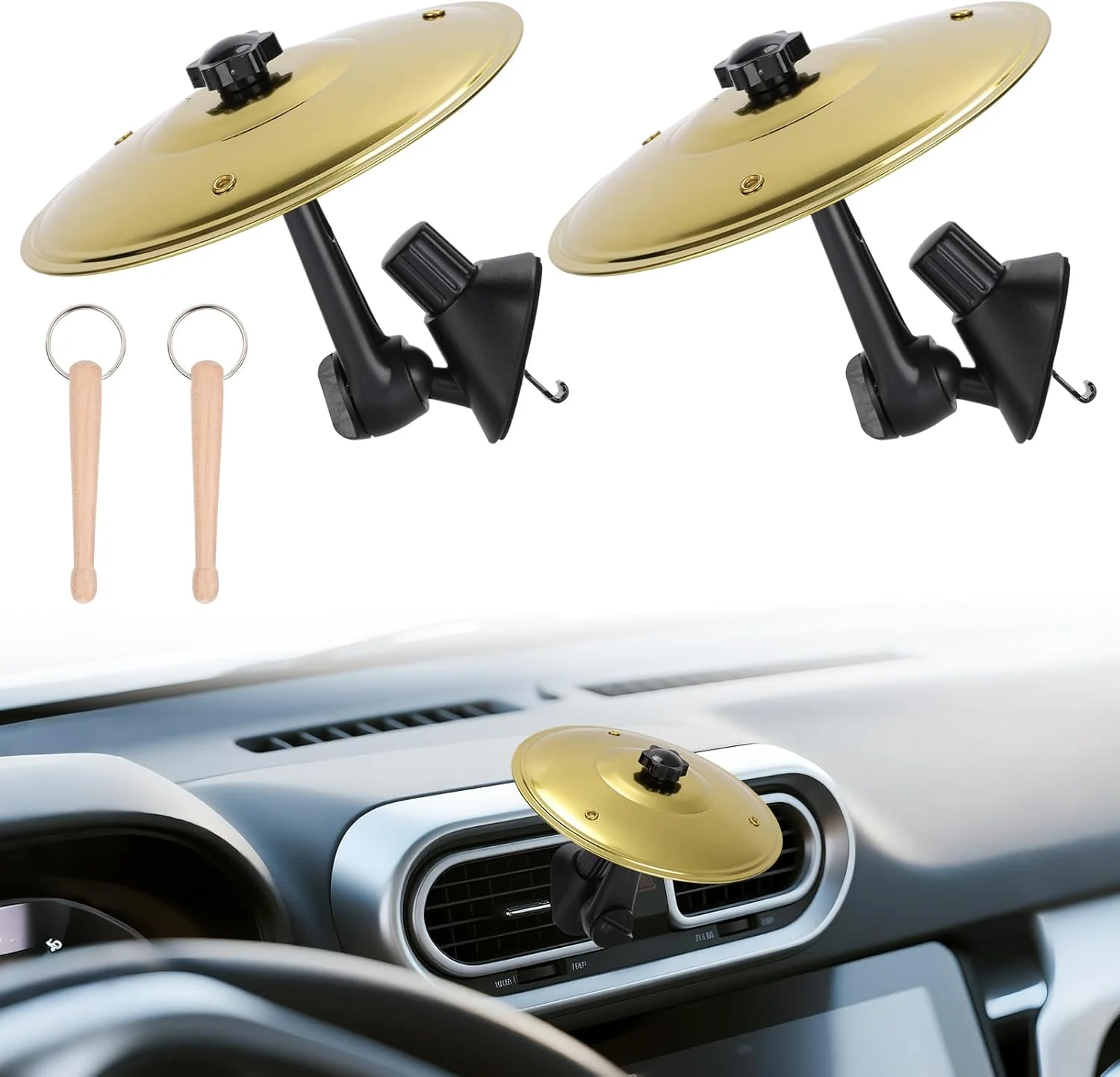 سنج ماشین، سنج دریچه هوای ماشین، سنج های درام مینیاتوری گیره دار برای ماشین - نصب آسان هدیه موسیقی سرگرم کننده رانندگی (طلایی، 2 عدد)