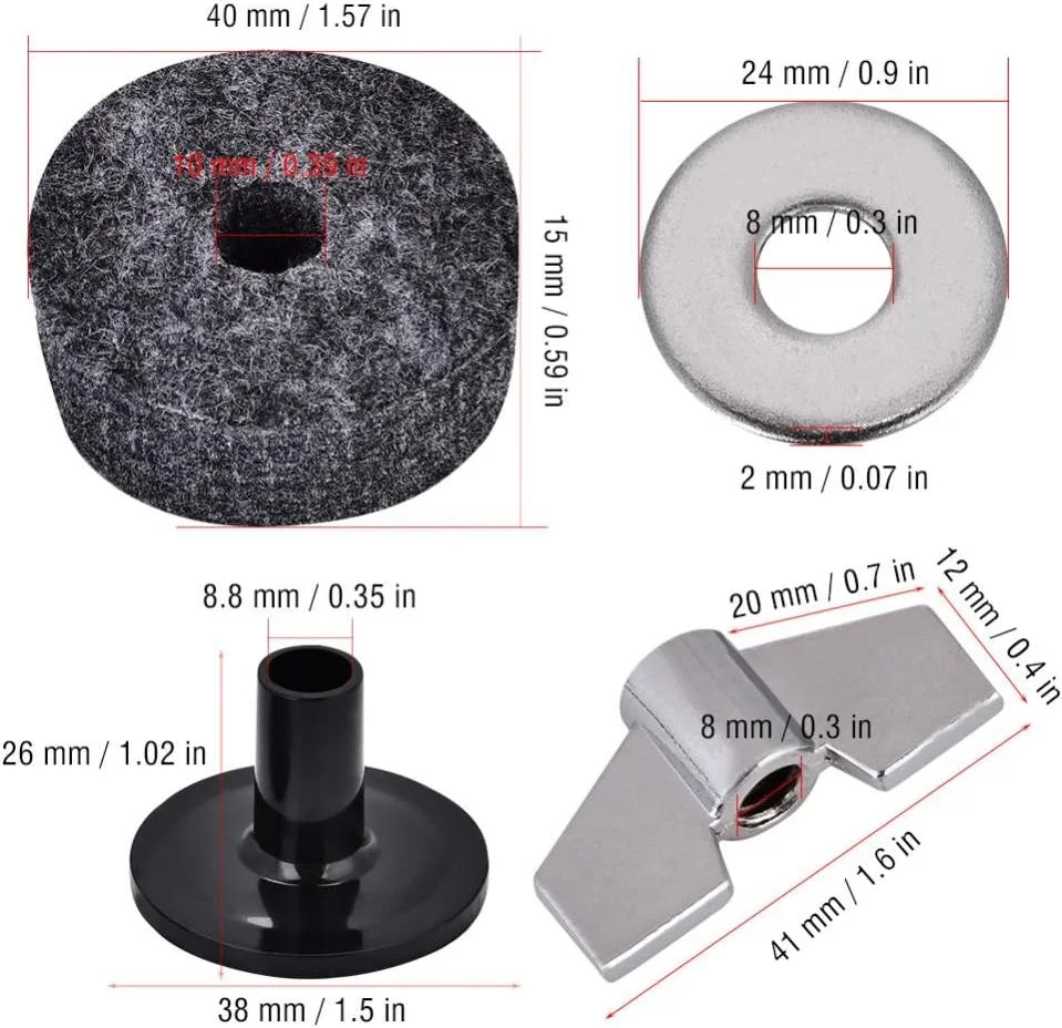 مجموعه لوازم جانبی درامز Alomejor شامل نمد پایه سنج، نمد کلاچ، نمد کاپ های-هت، مهره های بال سنج، آستین سنج و واشرهای فلزی