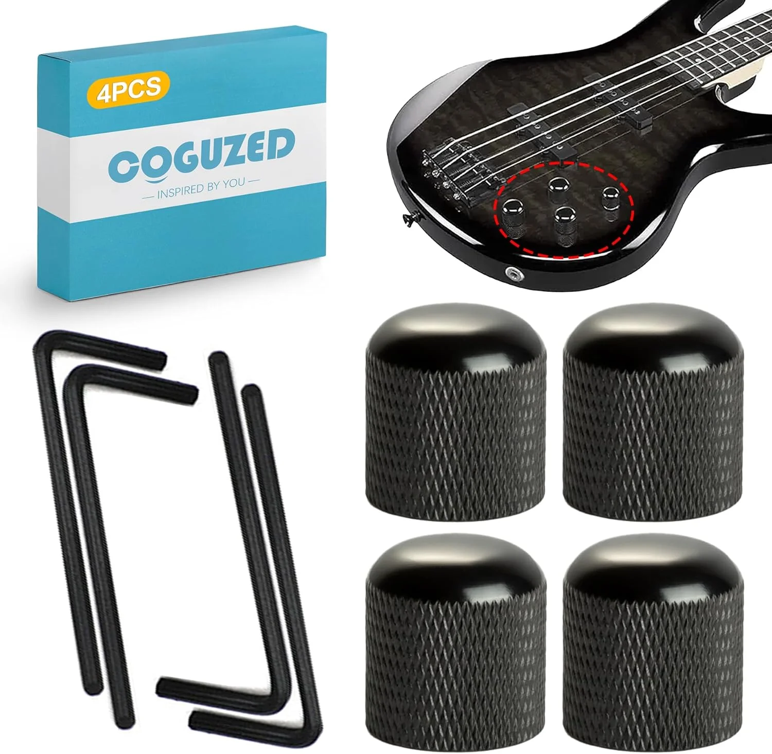 دسته کوک گیتار فلزی CoguZed بسته 4 عددی – کنترل صدا/تنظیم تُن به سبک گنبدی مشکی و کروم برای گیتارهای الکتریکی و بیس