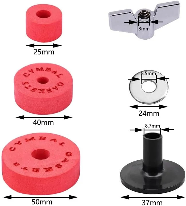 لوازم جانبی جایگزین سنج 23 تکه Young Wolf، لوله های پایه سنج، پدهای EVA سنج درام شامل مهره های بالدار، واشرها، آستین های سنج و آچار درام جنس EVA (قرمز)