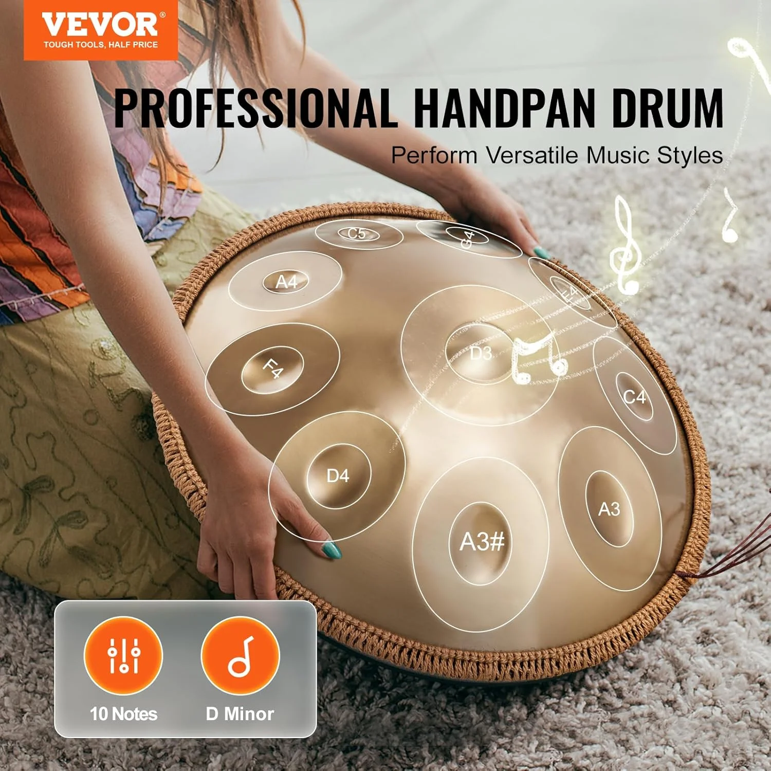 درام هندپن VEVOR، 22 اینچ و 10 نت، درام دستی D مینور، ساز درام هند پن با چکش، پایه هندپن 432 هرتز و کیف حمل، درام صدای شفابخش فولادی، سازهای کوبه ای برای بزرگسالان مبتدی