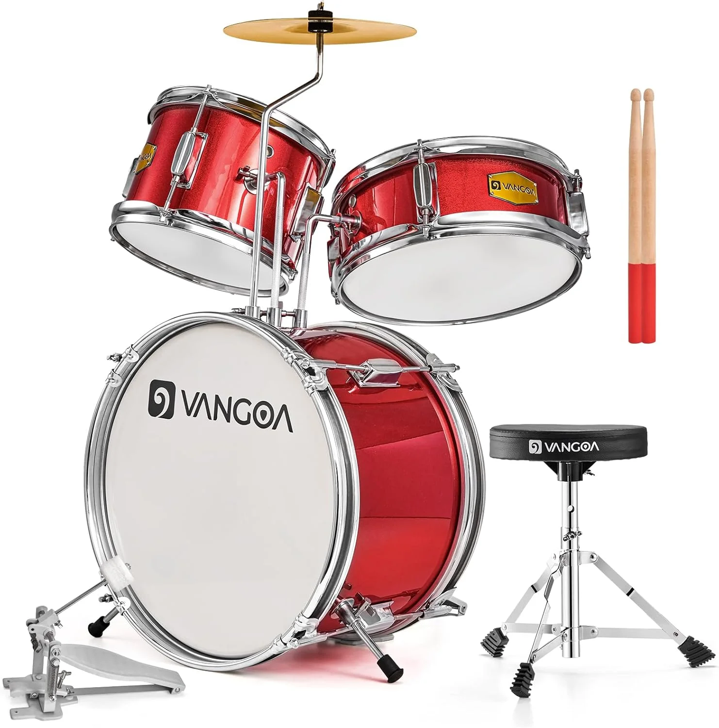 ست درام کودک وانگوا، ست درام مبتدی 14 اینچی، ست درام 3 تکه برای کودکان پسر و دختر 3-7 ساله، با صندلی قابل تنظیم، پدال سنج، چوب درام، قرمز روشن