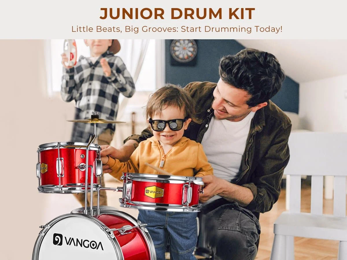 ست درام کودک وانگوا، ست درام مبتدی 14 اینچی، ست درام 3 تکه برای کودکان پسر و دختر 3-7 ساله، با صندلی قابل تنظیم، پدال سنج، چوب درام، قرمز روشن