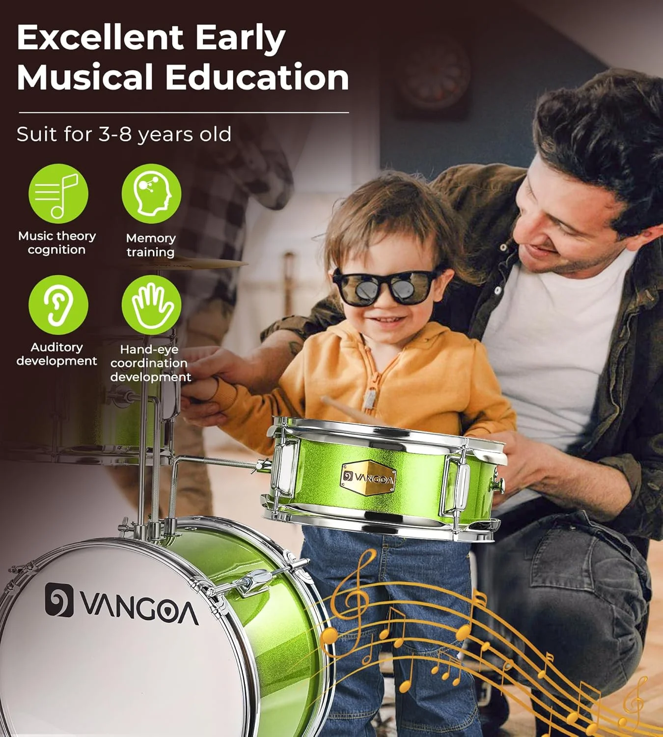 ست درام کودکانه Vangoa، ست درام مبتدی 3 تکه ای 14 اینچی برای پسران و دختران کودک با صندلی قابل تنظیم، پدال سنج، چوب درام، سبز روشن ست درام کودکانه Vangoa، ست درام مبتدی 3 تکه ای 14 اینچی برای پسران و دختران کودک با صندلی قابل تنظیم، پدال سنج، چوب درام، سبز روشن