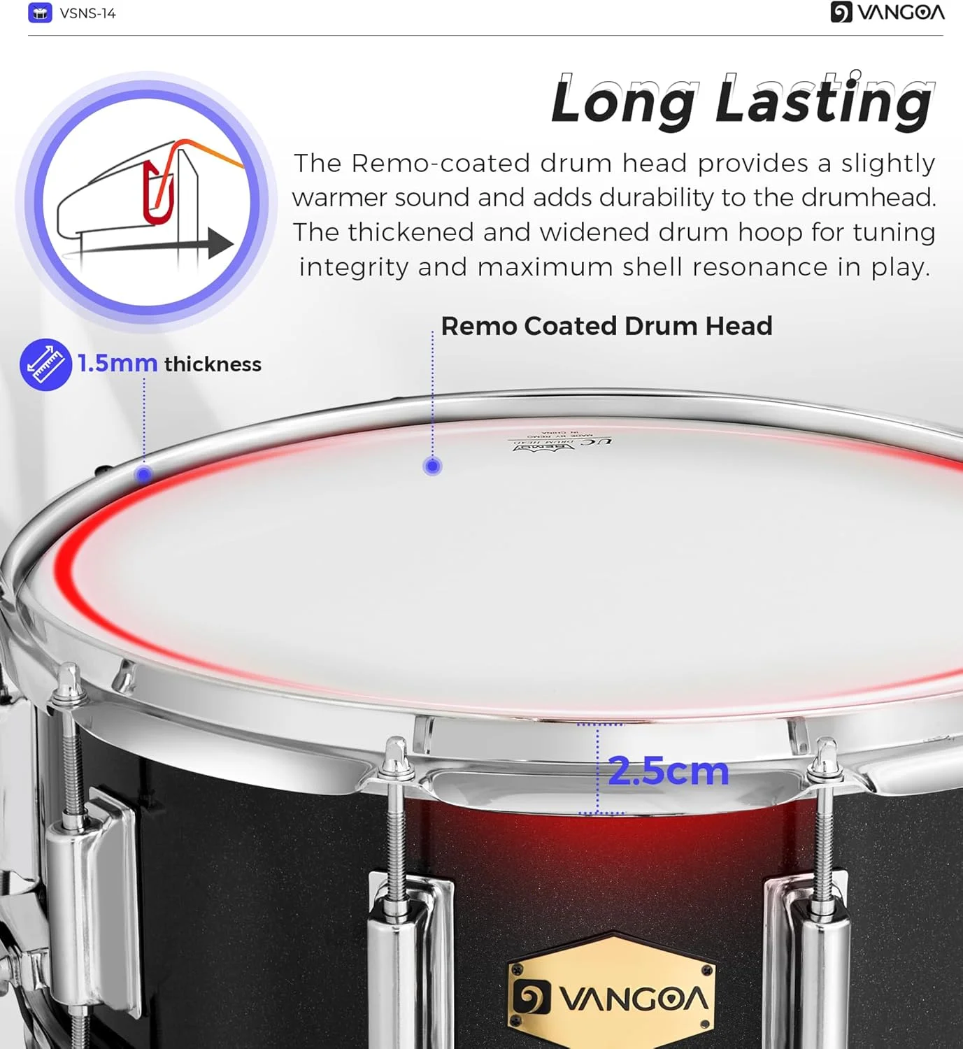 ست طبل اسنر Vangoa با سر Remo، کیت طبل اسنر مبتدی دانشجویی با نگهدارنده چوب طبل، پایه، کیف ضربه گیر دار، پد بی صدا کننده، بند گردنی و چوب های 5A، مشکی