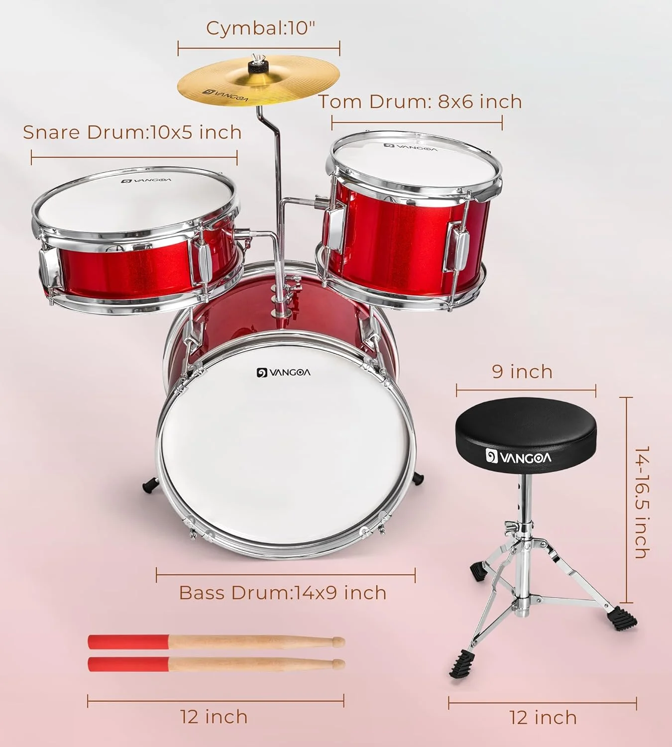 ست درام کودک وانگوا، ست درام مبتدی 14 اینچی، ست درام 3 تکه برای کودکان پسر و دختر 3-7 ساله، با صندلی قابل تنظیم، پدال سنج، چوب درام، قرمز روشن