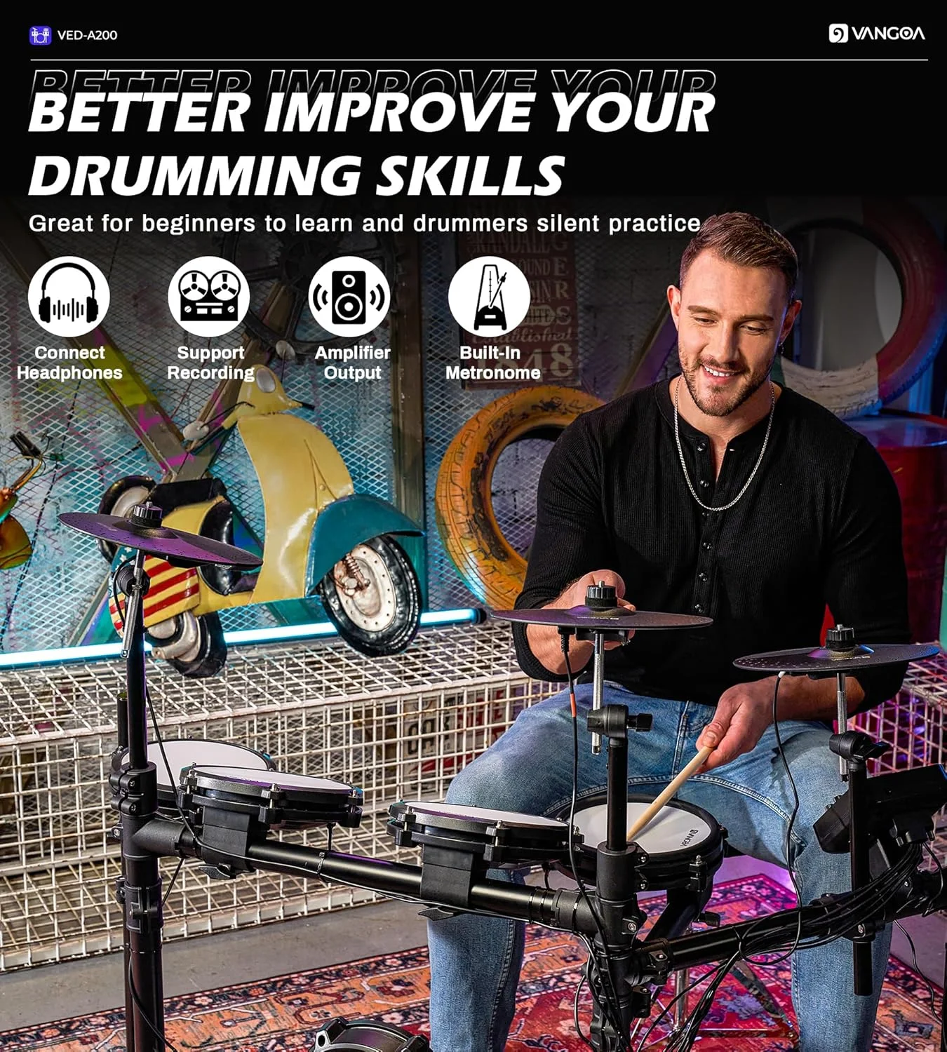 ست درام الکترونیکی Vangoa، کیت درام برقی 8 تکه با پدهای مشبک بی صدا، سنج ها، پدال های سنگین، 480 صدا، هدفون، کیت درام الکترونیکی سایز کامل با صندلی برای بزرگسالان، مشکی ست درام الکترونیکی Vangoa، کیت درام برقی 8 تکه با پدهای مشبک بی صدا، سنج ها، پدال های سنگین، 480 صدا، هدفون، کیت درام الکترونیکی سایز کامل با صندلی برای بزرگسالان، مشکی