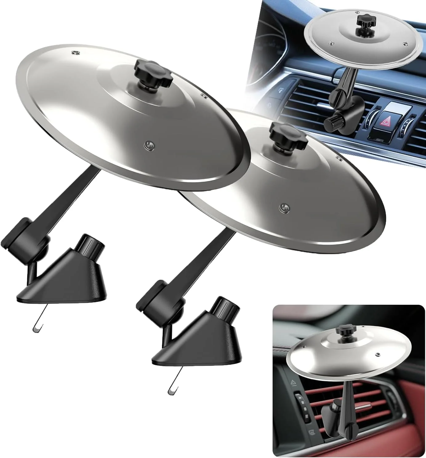 ۲ عدد سنج بادی خودرو - سنج مینیاتوری گیره ای آسان برای داشبورد خودرو، لوازم جانبی موسیقیایی جمع و جور و بادوام برای رانندگان، مناسب برای همه وسایل نقلیه (بدون نیاز به ابزار) (۲ عدد نقره ای)