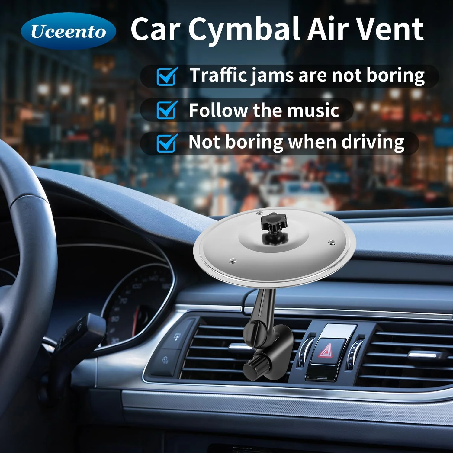 ۲ عدد سنج بادی خودرو - سنج مینیاتوری گیره ای آسان برای داشبورد خودرو، لوازم جانبی موسیقیایی جمع و جور و بادوام برای رانندگان، مناسب برای همه وسایل نقلیه (بدون نیاز به ابزار) (۲ عدد نقره ای)