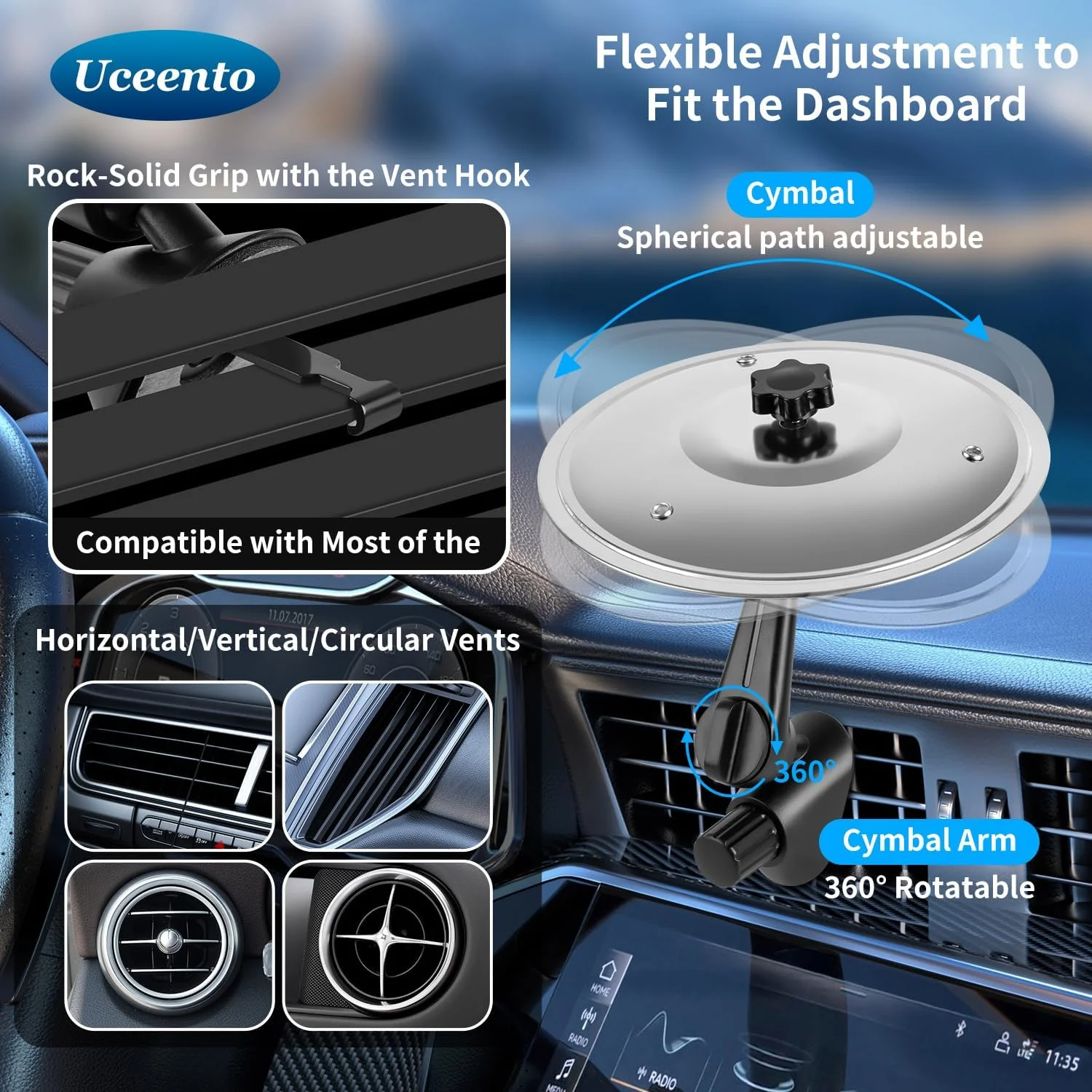 ۲ عدد سنج بادی خودرو - سنج مینیاتوری گیره ای آسان برای داشبورد خودرو، لوازم جانبی موسیقیایی جمع و جور و بادوام برای رانندگان، مناسب برای همه وسایل نقلیه (بدون نیاز به ابزار) (۲ عدد نقره ای)