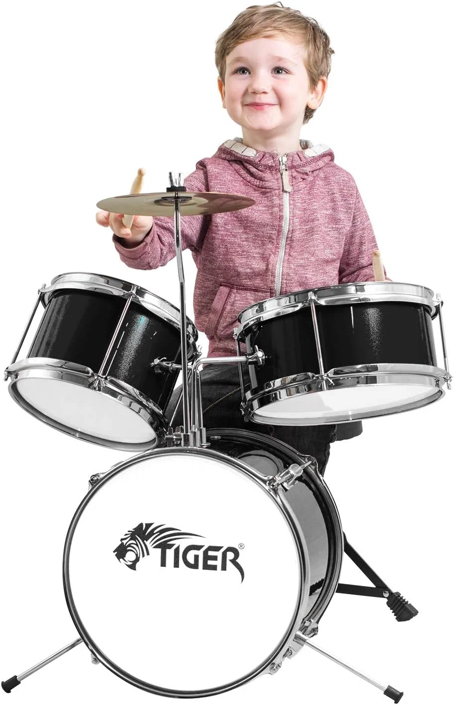 ست درام کودکانه تایگر جونیور، ست درام 3 تکه برای کودکان مبتدی شامل اسنر، تام، درام باس، پدال درام باس، سنج و چوب - مشکی، JDS7-BK
