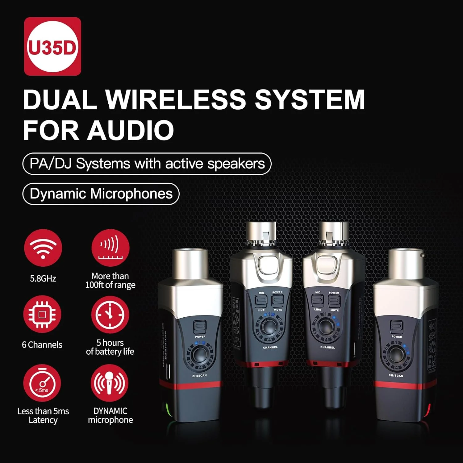 سیستم صوتی بی‌سیم استریو XLR مدل Xvive U35D برای سیستم PA/DJ با بلندگوهای اکتیو و میکروفون‌های داینامیک (5.8 گیگاهرتز)