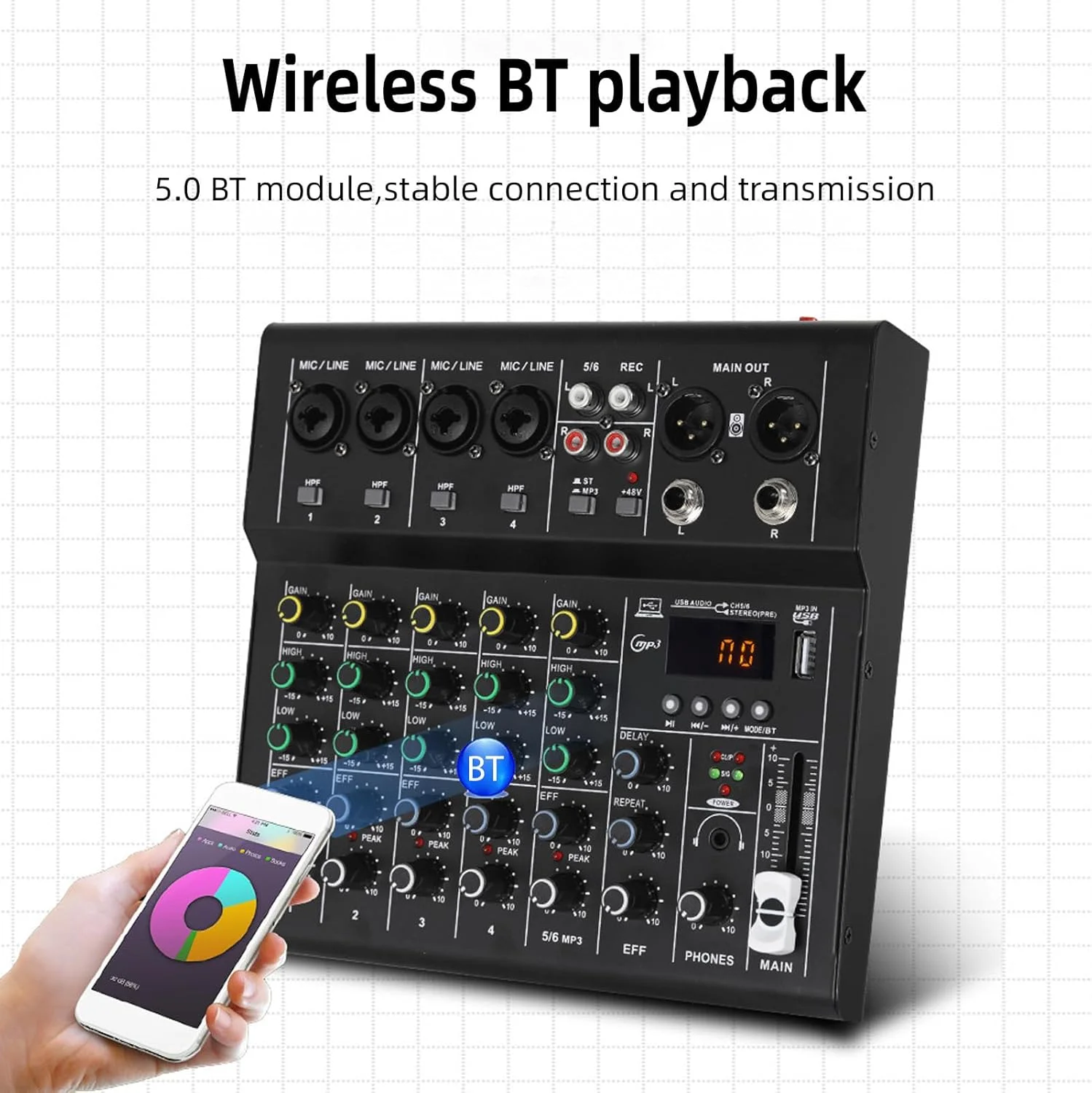 میکسر صدا 6 کاناله، کارت صدا، کنسول میکس DJ با افکت ریورب، پخش کننده MP3، فانتوم پاور 48 ولت مناسب استودیو، کارائوکه، استریم و ضبط صدا (مشکی)