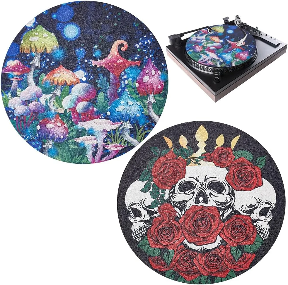صفحه گردان قارچ UNICRAFTALE، 2 عدد، صفحه زیرین چوب پنبه ای، طرح جمجمه گوتیک و گل رز، صفحه ضد لغزش و ضد الکتریسیته ساکن برای صفحه گرامافون، پد نمدی لوازم جانبی صفحه گردان، 30.3x0.35 سانتی متر