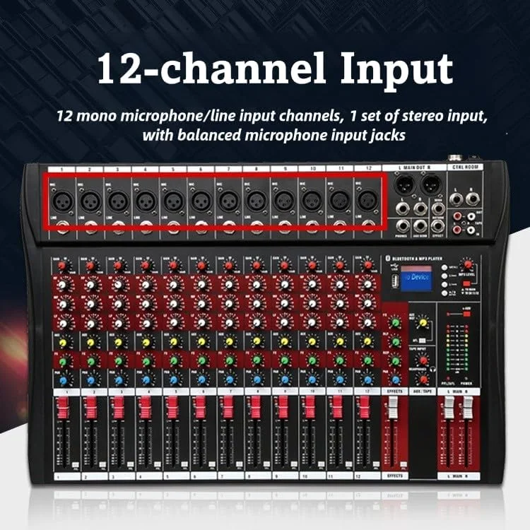میکسر صوتی حرفه ای، 12 کانال بلوتوث USB استودیویی زنده DJ با پخش کننده MP3، خروجی های XLR منبع تغذیه فانتوم 48 ولت برای ضبط کامپیوتر، CT120