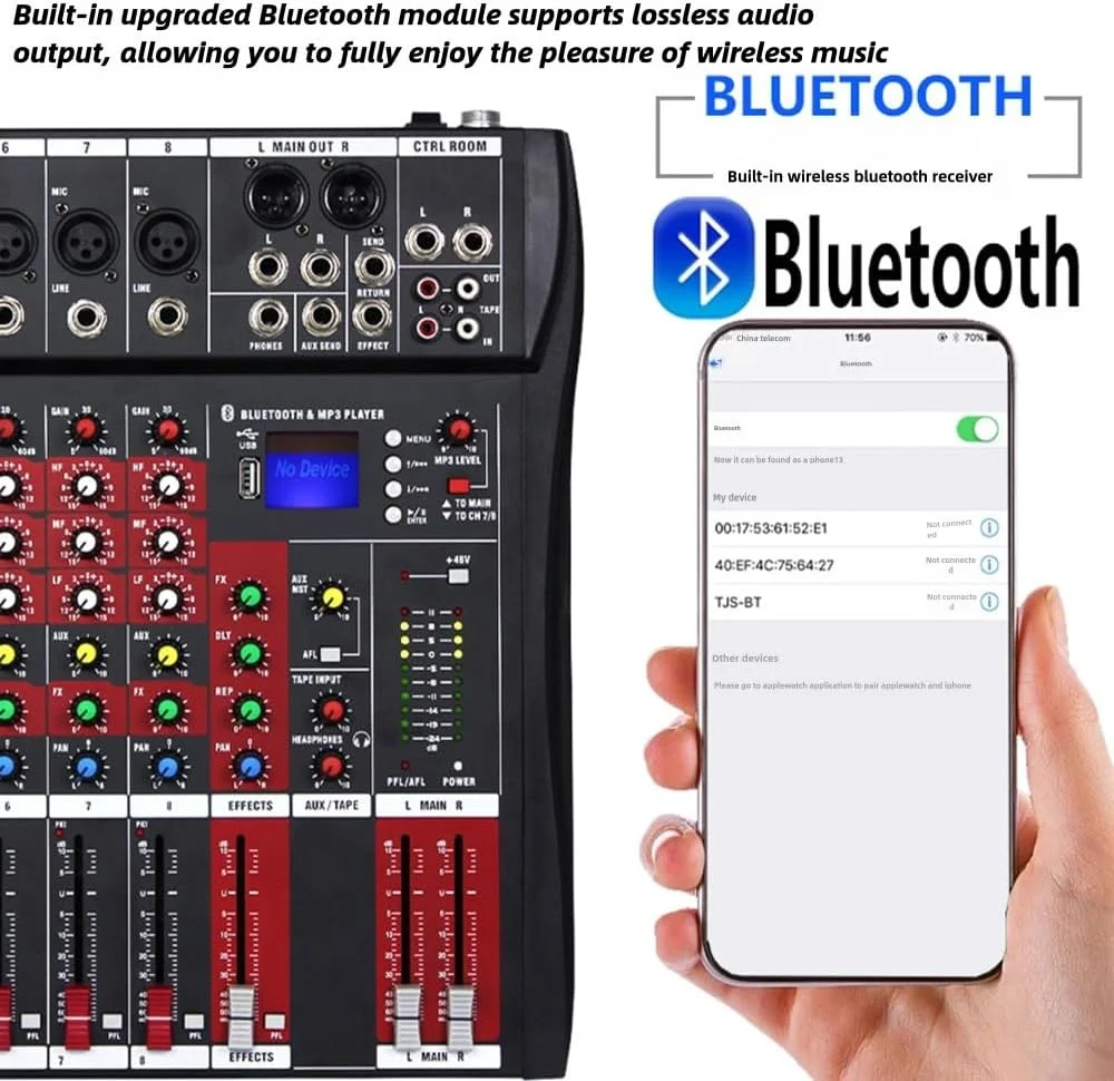 میکسر صوتی حرفه ای، 12 کانال بلوتوث USB استودیویی زنده DJ با پخش کننده MP3، خروجی های XLR منبع تغذیه فانتوم 48 ولت برای ضبط کامپیوتر، CT120