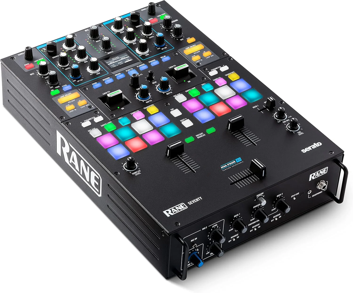 میکسر دو کاناله RANE DJ SEVENTY برای Serato با پدهای عملکرد Akai Professional MPC، افکت های داخلی و سه فیدر MAG FOUR بدون تماس